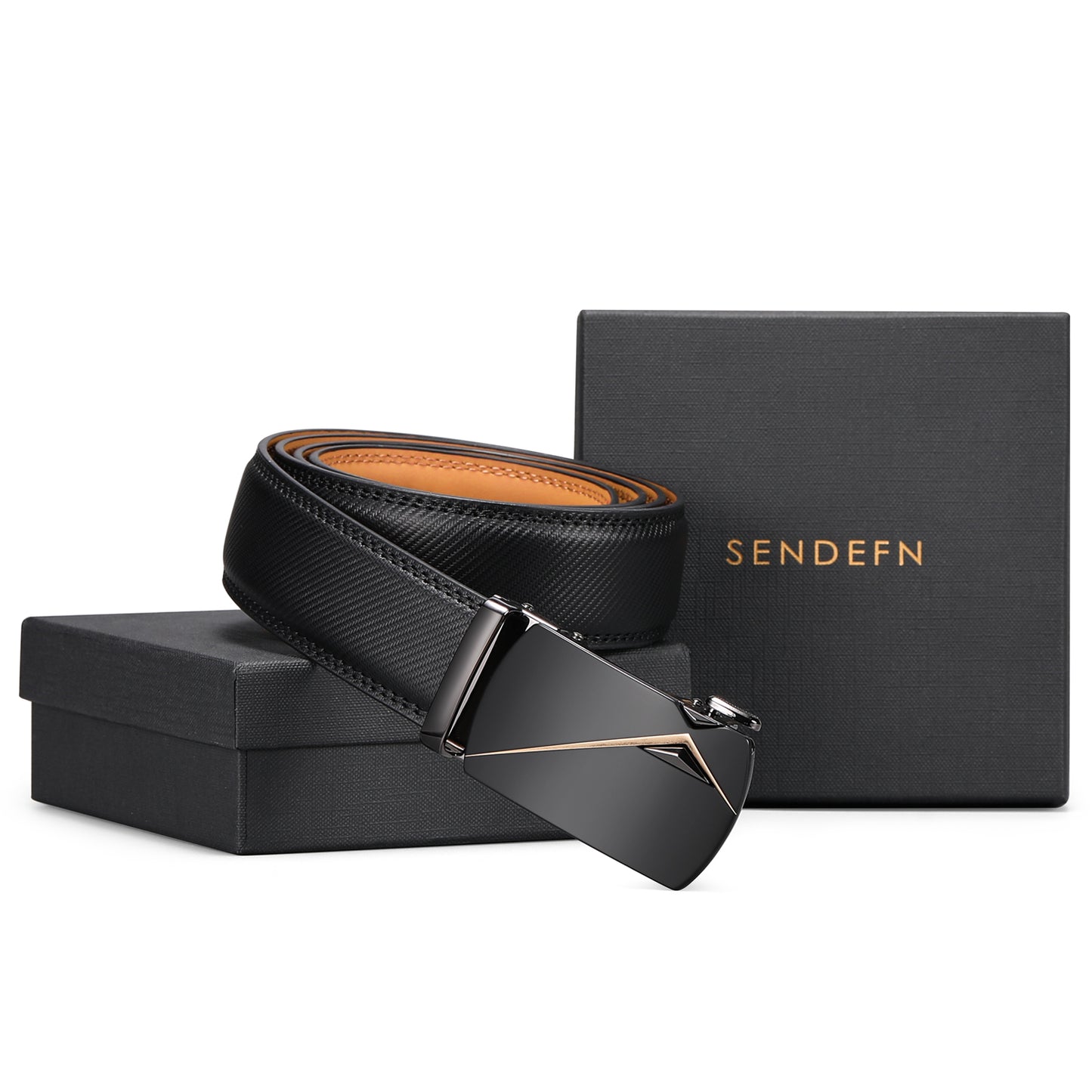 SENDEFN Leather Belt for Men Automatic Ratchet Buckle Slide Dress Casual Belts 1 3/8'' Wide, Adjustable Trim to Fit