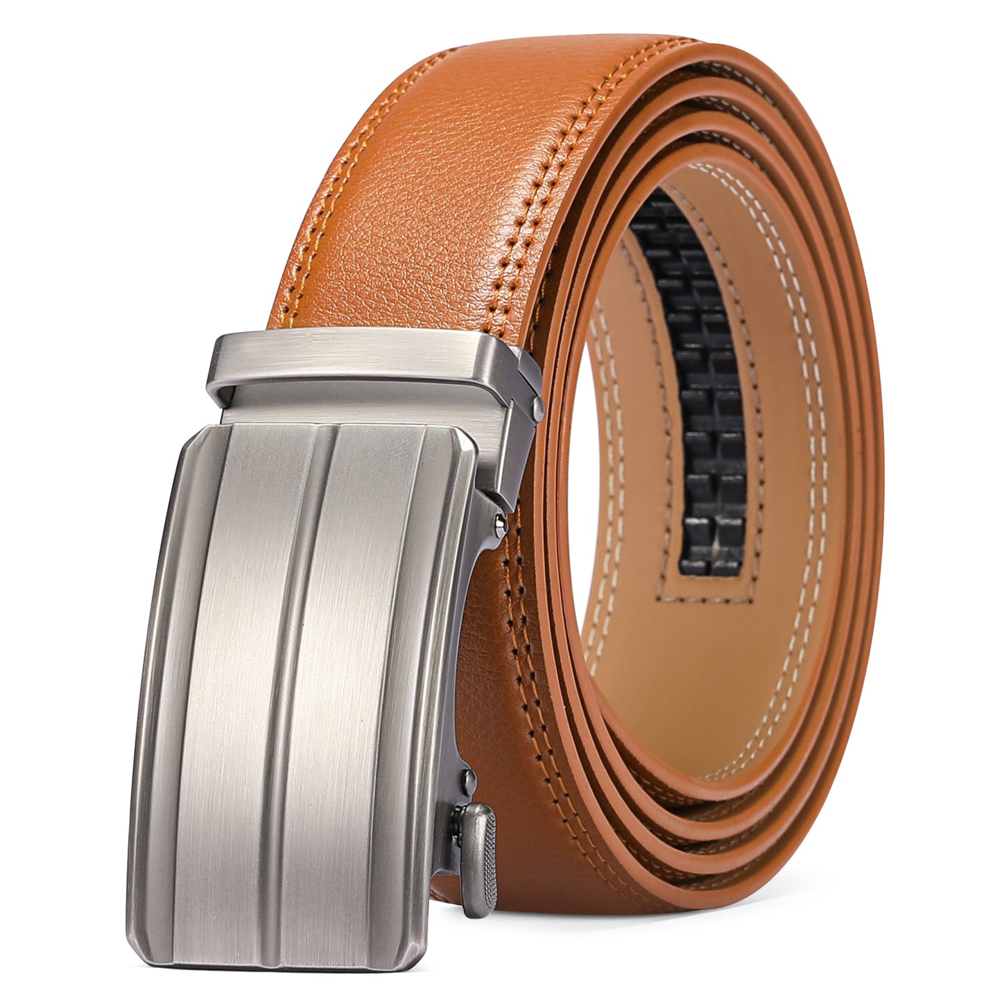 Sendefn Men's Leather Belt Automatic Ratchet Buckle Slide Belt for Dress Casual Trim to Fit with Gift Box