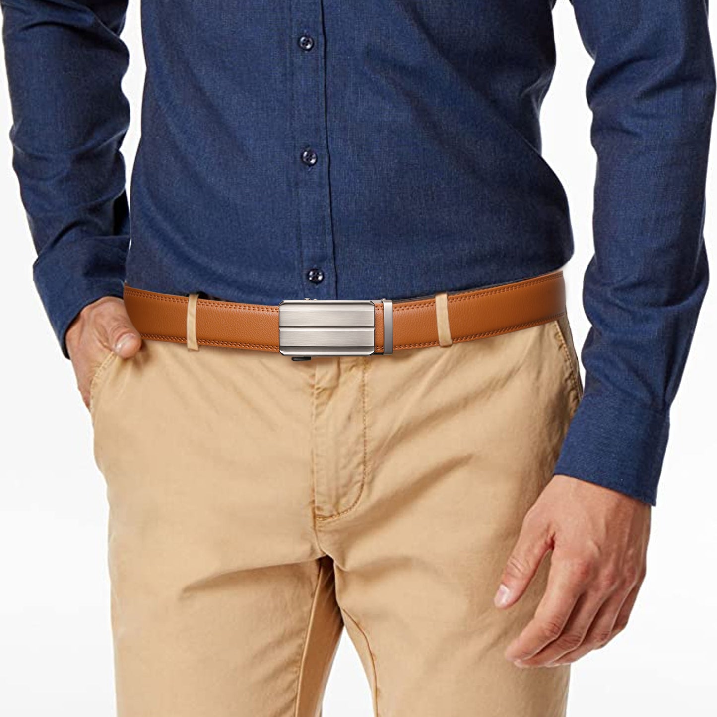 Sendefn Men's Leather Belt Automatic Ratchet Buckle Slide Belt for Dress Casual Trim to Fit with Gift Box