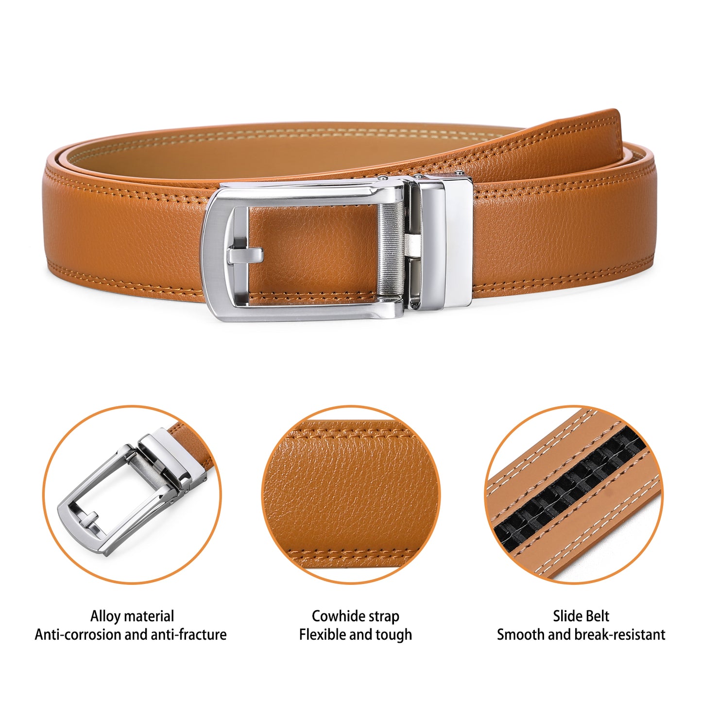 Sendefn Men's Leather Belt Automatic Ratchet Buckle Slide Belt for Dress Casual Trim to Fit with Gift Box