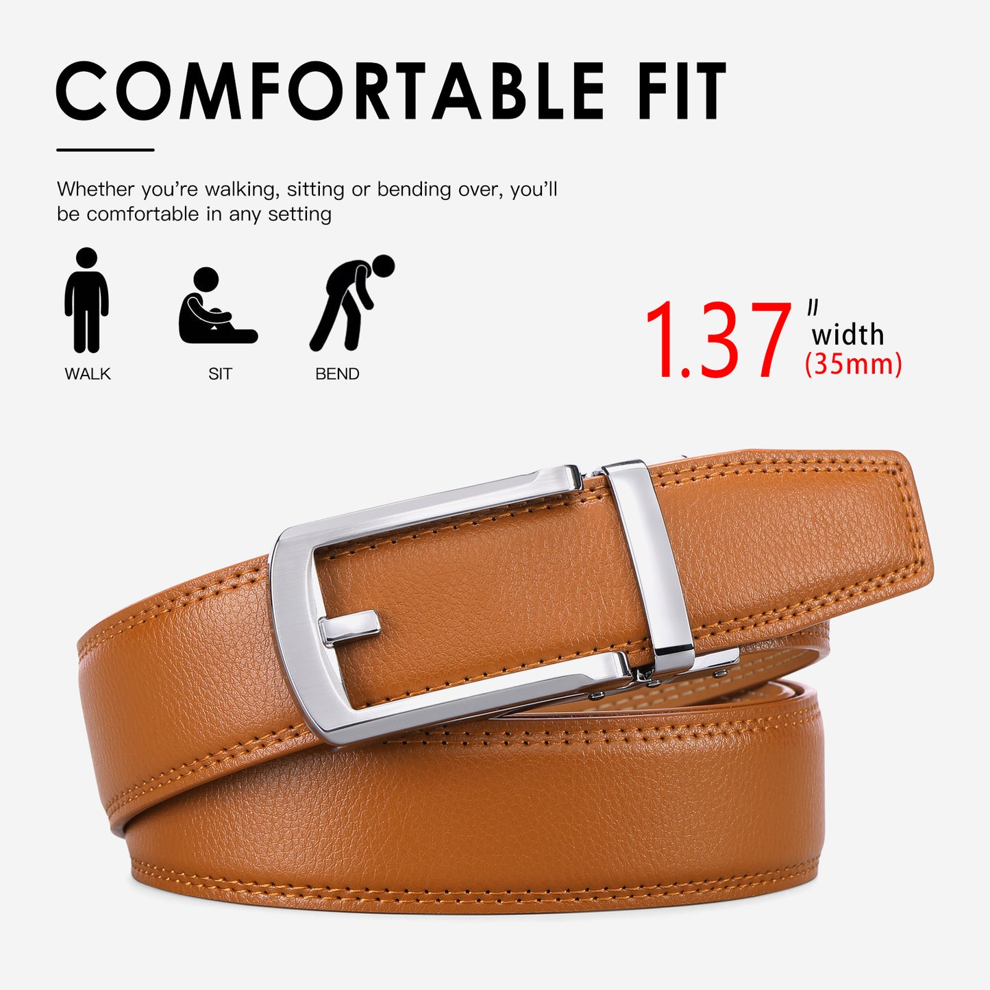 Sendefn Men's Leather Belt Automatic Ratchet Buckle Slide Belt for Dress Casual Trim to Fit with Gift Box