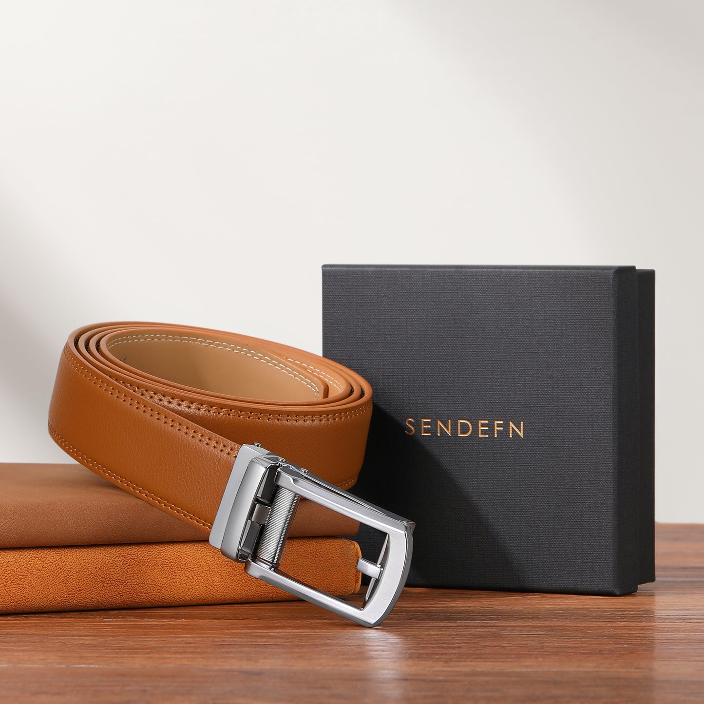 Sendefn Men's Leather Belt Automatic Ratchet Buckle Slide Belt for Dress Casual Trim to Fit with Gift Box