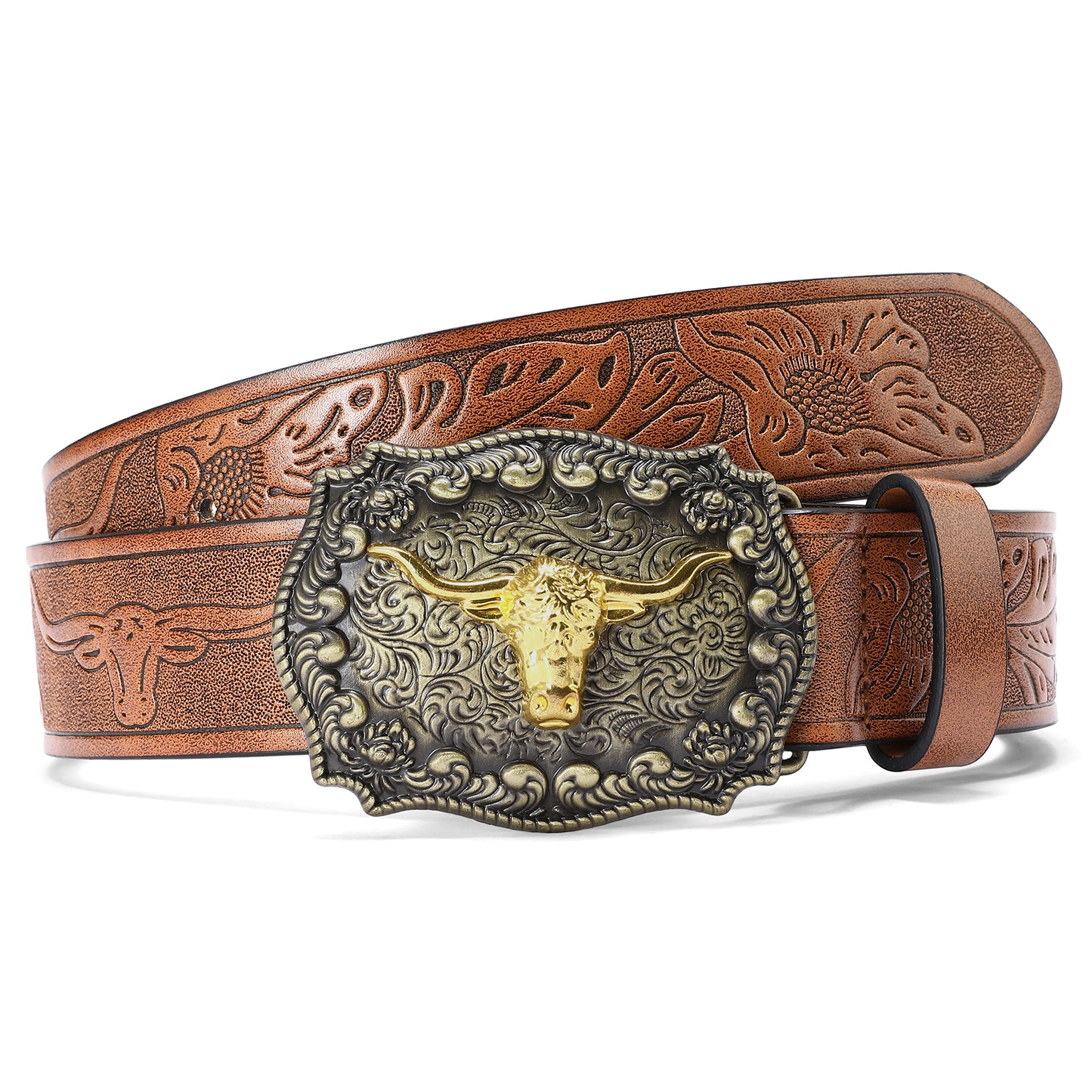 SENDEFN Western Cowboy Belt for Men Women Longhorn Bull Buckle Belts Floral Engraved Embossed Pattern 1.5" Wide for Jeans