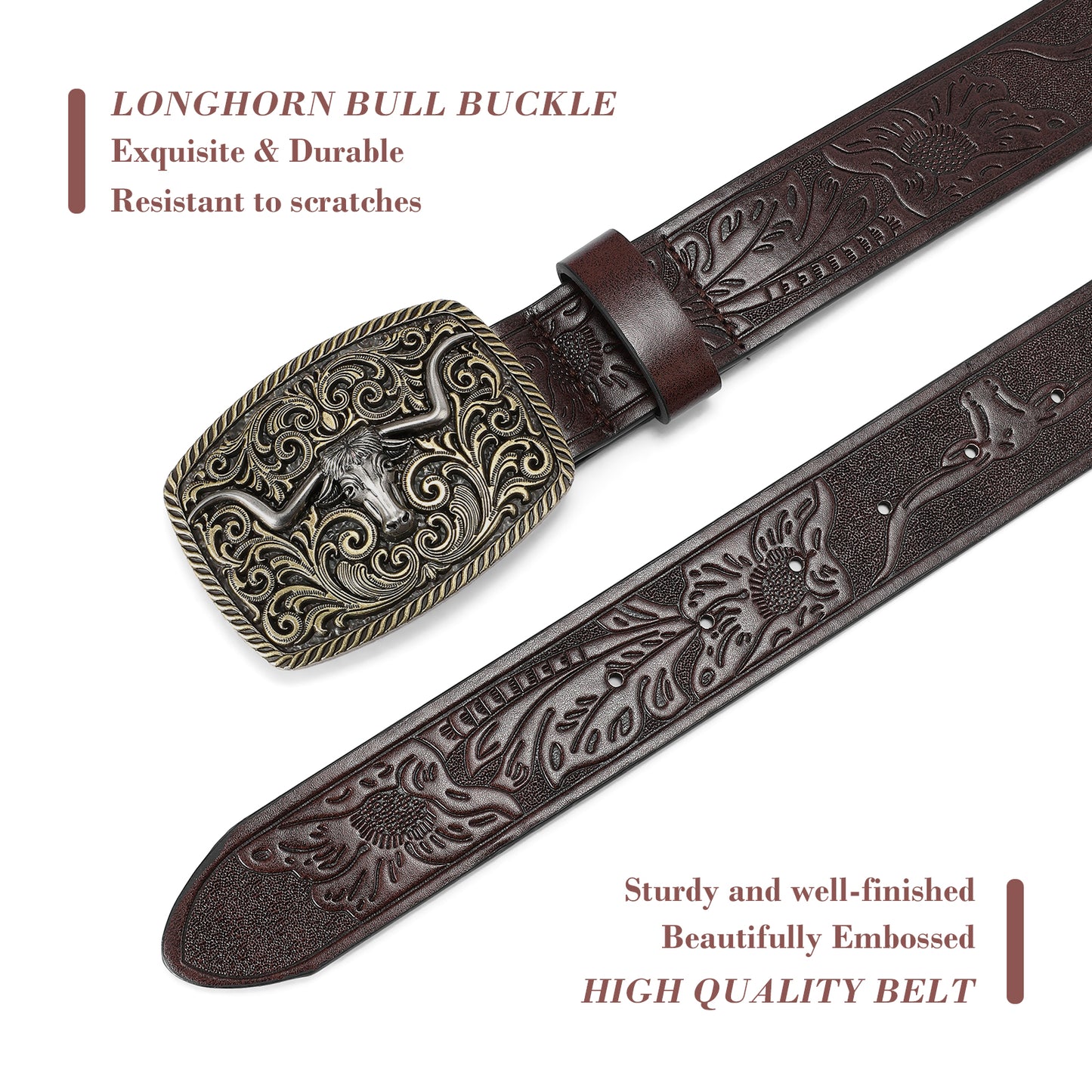 SENDEFN Western Cowboy Belt for Men Women Longhorn Bull Buckle Belts Floral Engraved Embossed Pattern 1.5" Wide for Jeans
