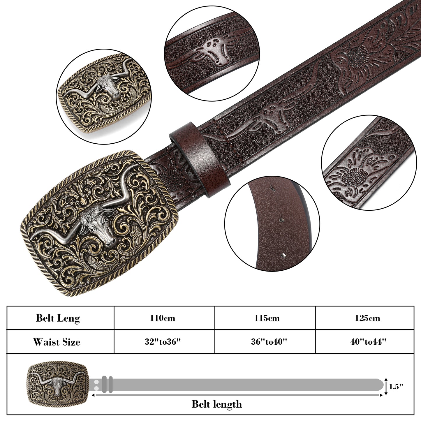 SENDEFN Western Cowboy Belt for Men Women Longhorn Bull Buckle Belts Floral Engraved Embossed Pattern 1.5" Wide for Jeans