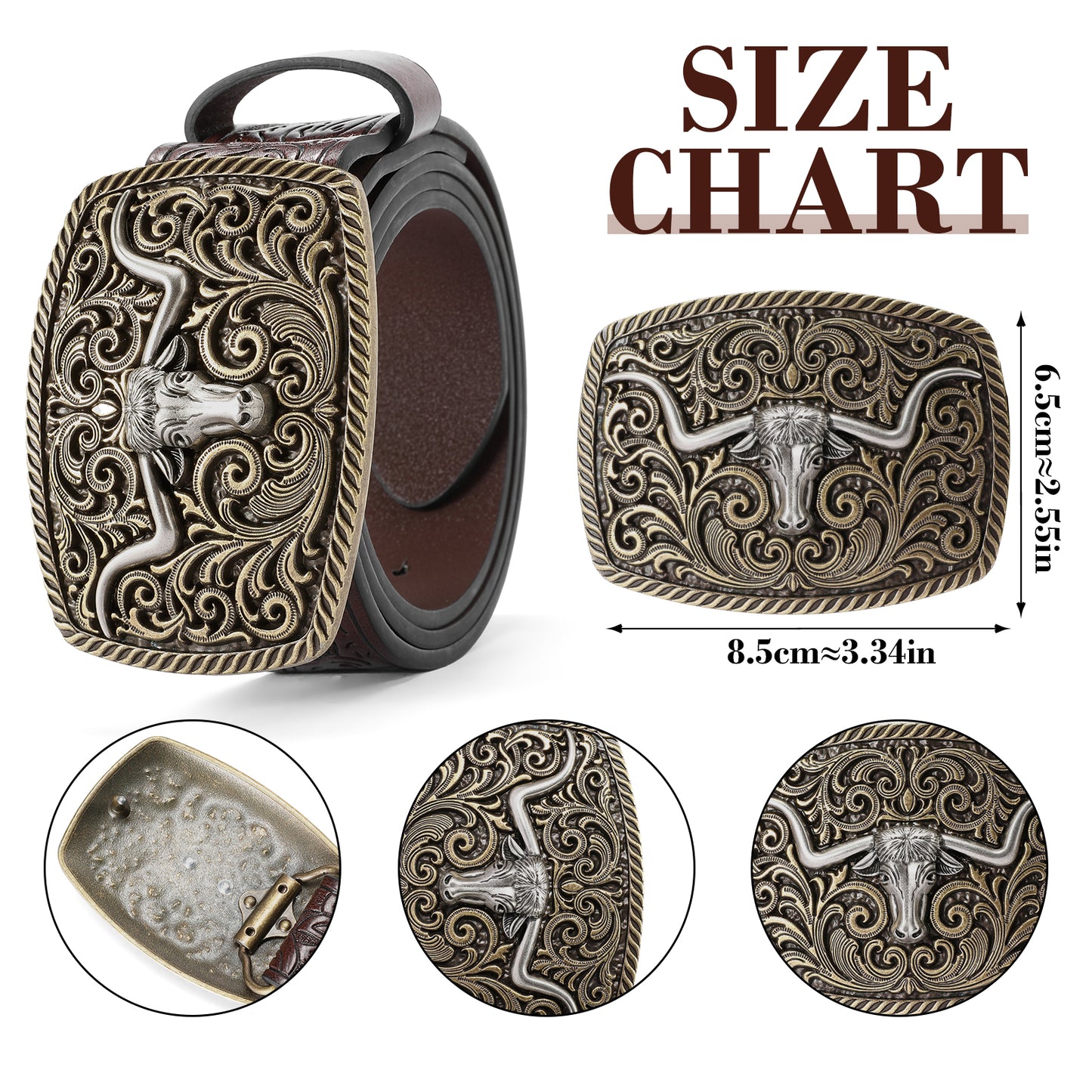 SENDEFN Western Cowboy Belt for Men Women Longhorn Bull Buckle Belts Floral Engraved Embossed Pattern 1.5" Wide for Jeans
