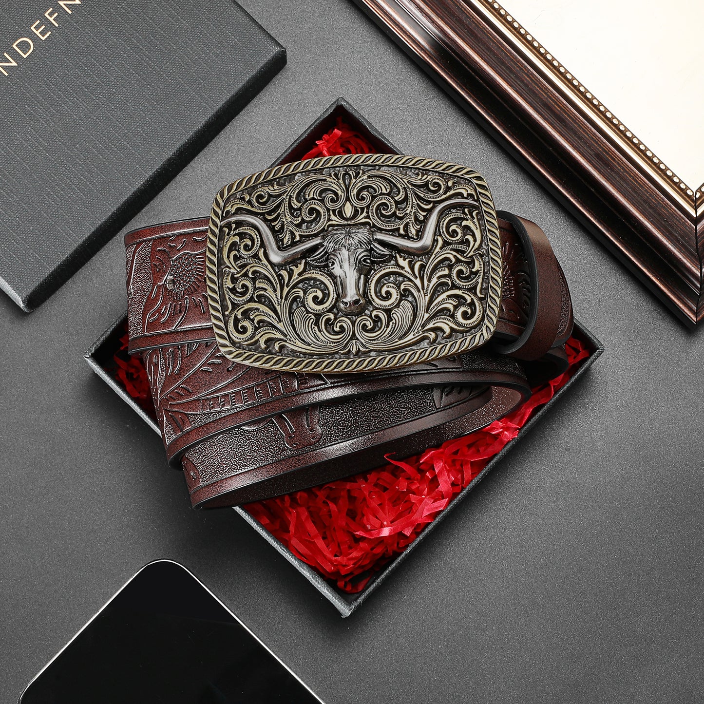 SENDEFN Western Cowboy Belt for Men Women Longhorn Bull Buckle Belts Floral Engraved Embossed Pattern 1.5" Wide for Jeans