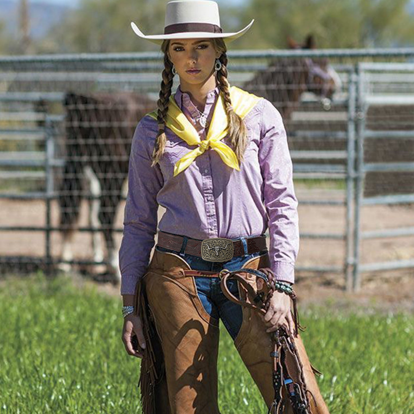 SENDEFN Western Cowboy Belt for Men Women Longhorn Bull Buckle Belts Floral Engraved Embossed Pattern 1.5" Wide for Jeans