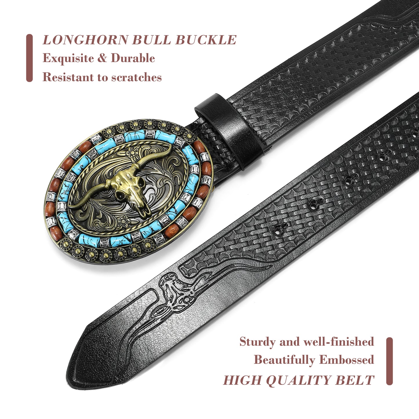 SENDEFN Western Cowboy Belt for Men Women Longhorn Bull Buckle Belt Floral Engraved Belts 1.5" Wide for Jeans