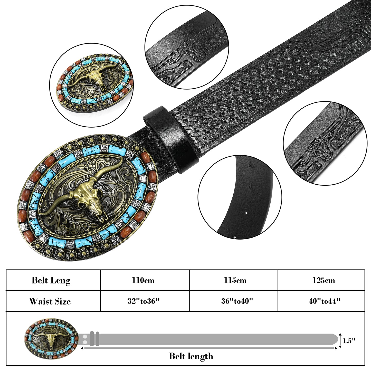 SENDEFN Western Cowboy Belt for Men Women Longhorn Bull Buckle Belt Floral Engraved Belts 1.5" Wide for Jeans