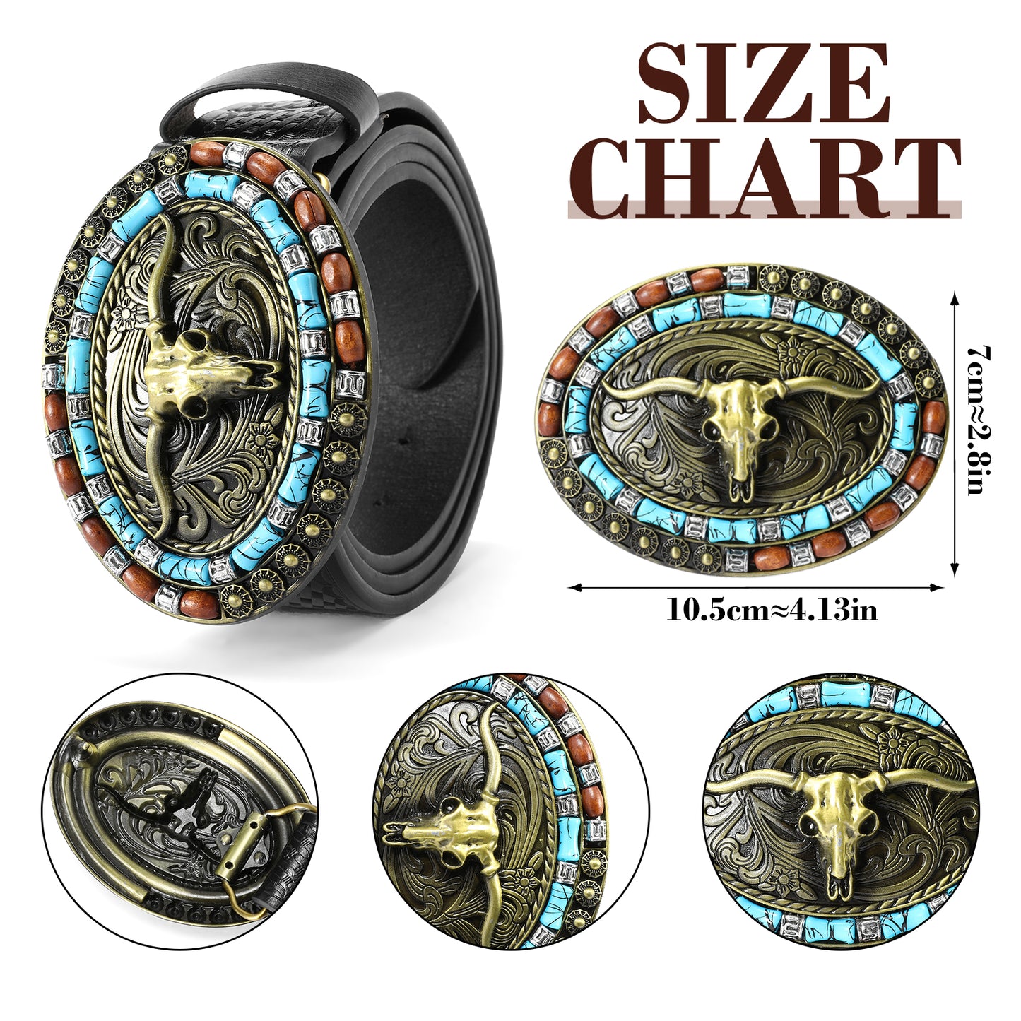 SENDEFN Western Cowboy Belt for Men Women Longhorn Bull Buckle Belt Floral Engraved Belts 1.5" Wide for Jeans