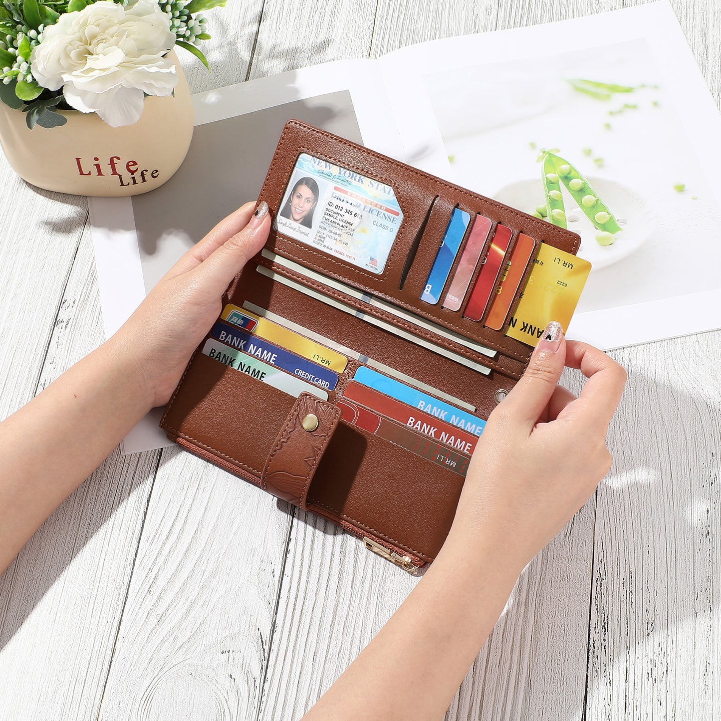 SENDEFN Womens Print Floral Wallet Leather Credit Card Holder Wallet RFID Wristlet Wallet for Women Ladies Clutch Long Purses