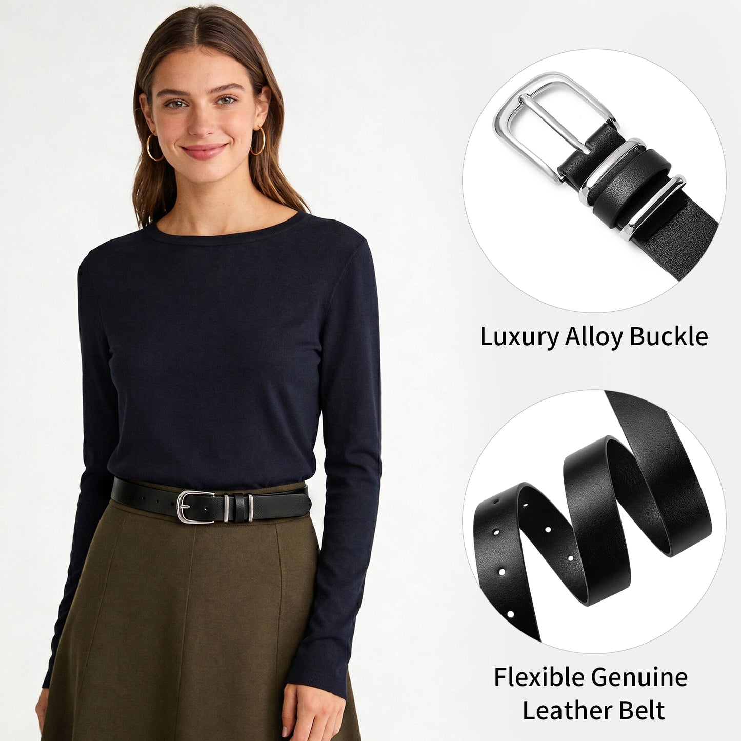 SENDEFN 2 Pack Women's Soft Leather Belt for Jeans Pants Dress Fashion Ladies Waist Belt with Silvery Buckle