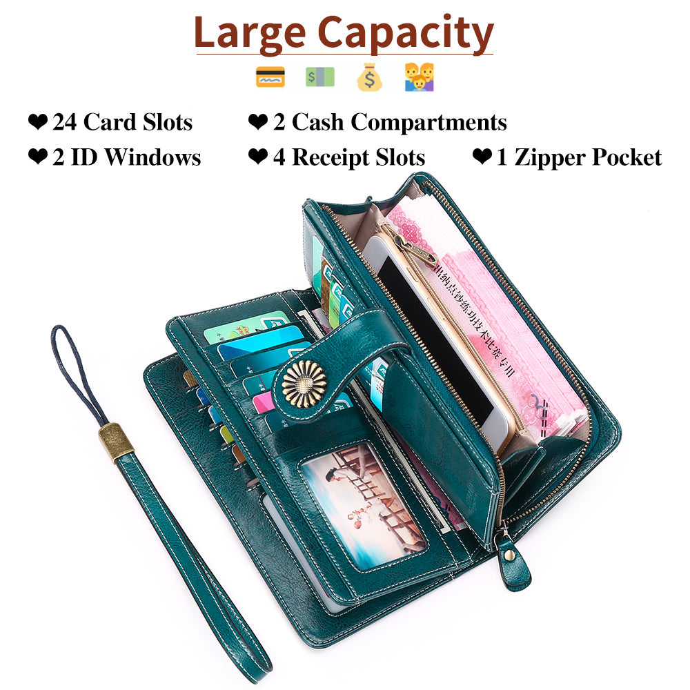 Sendefn Wallets for Women Genuine Leather Credit Card Holder with RFID Blocking Large Capacity Wristlet