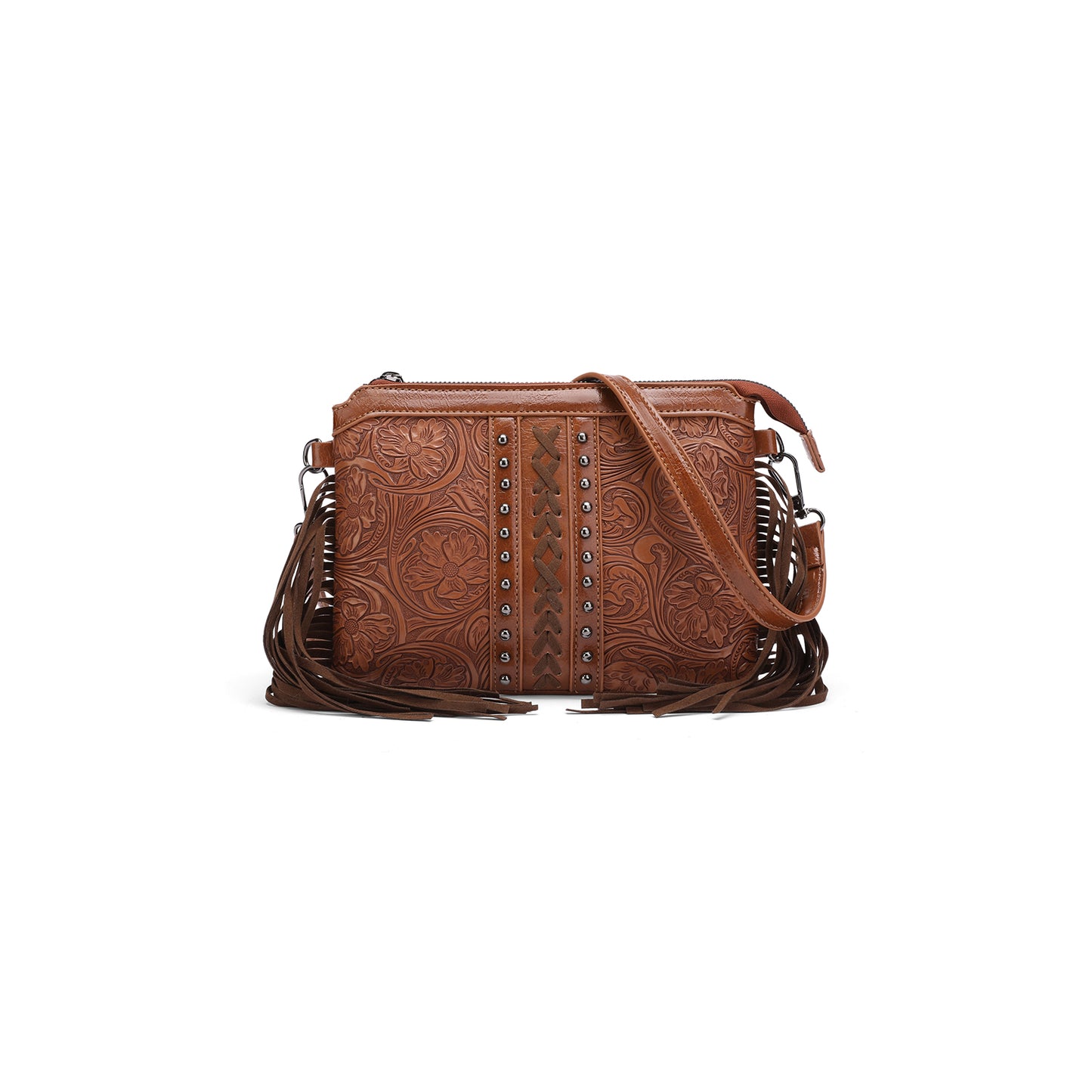 SENDEFN Fashion Fringe Crossbody Bag with Rivets Western Women Purse Vegan Leather Shoulder Bag with Tassel
