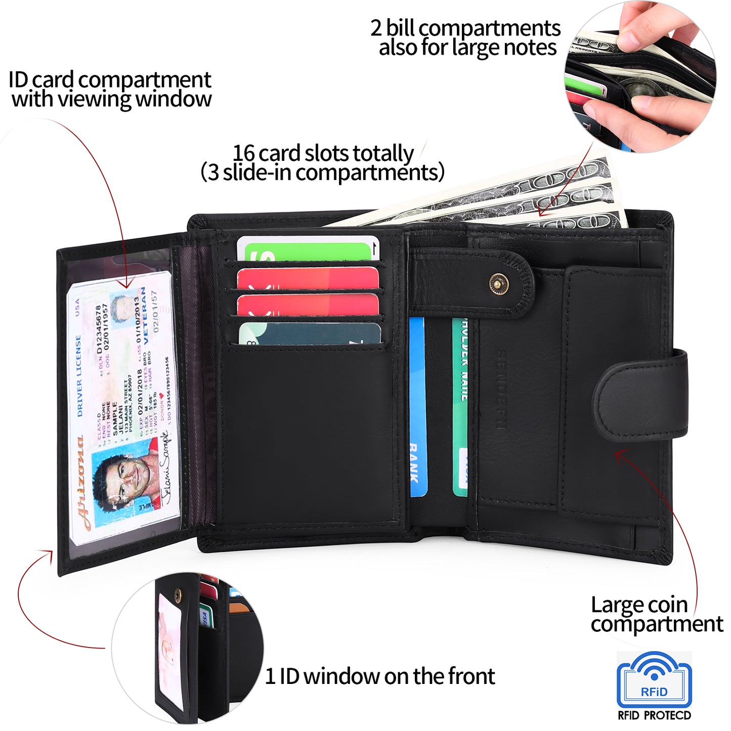 Sendefn Mens Wallets with RFID Protection,Genuine Leather Wallet for Men,Trifold Wallet with 16 Card Slots & Coin Compartment