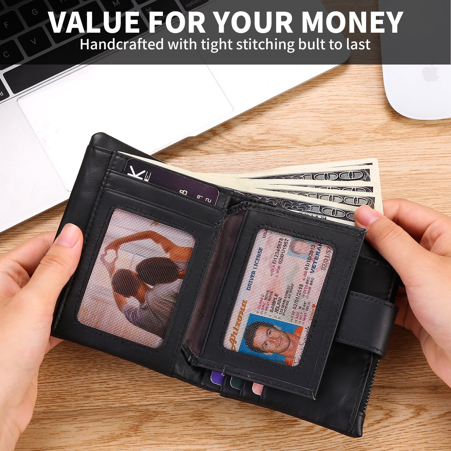 Sendefn Men's Bifold Wallet with RFID Blocking, Genuine Leather Wallet with Zip Coin Compartment