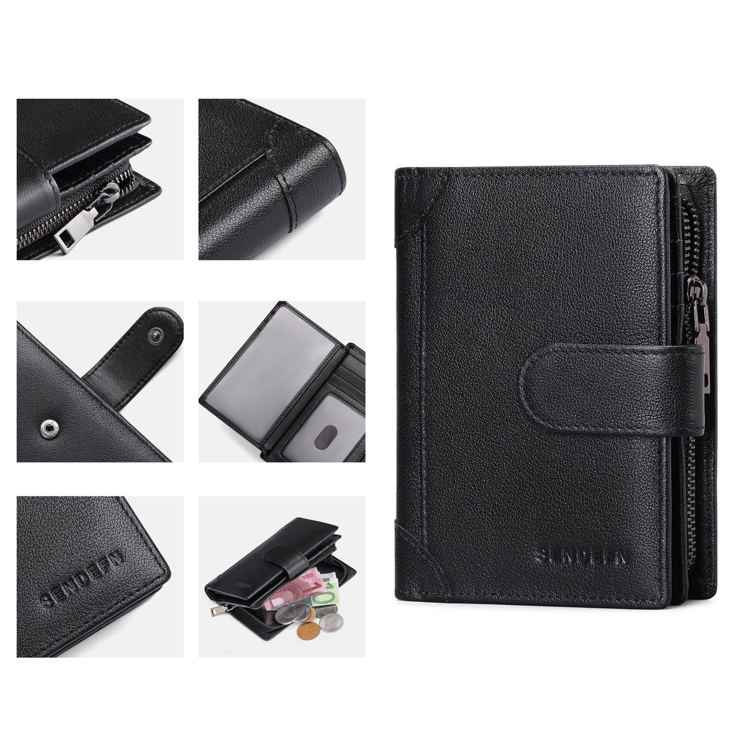 Sendefn Men's Wallet Genuine Leather Wallets for Men RFID Blocking Card Holder with Zipper Coin Purse
