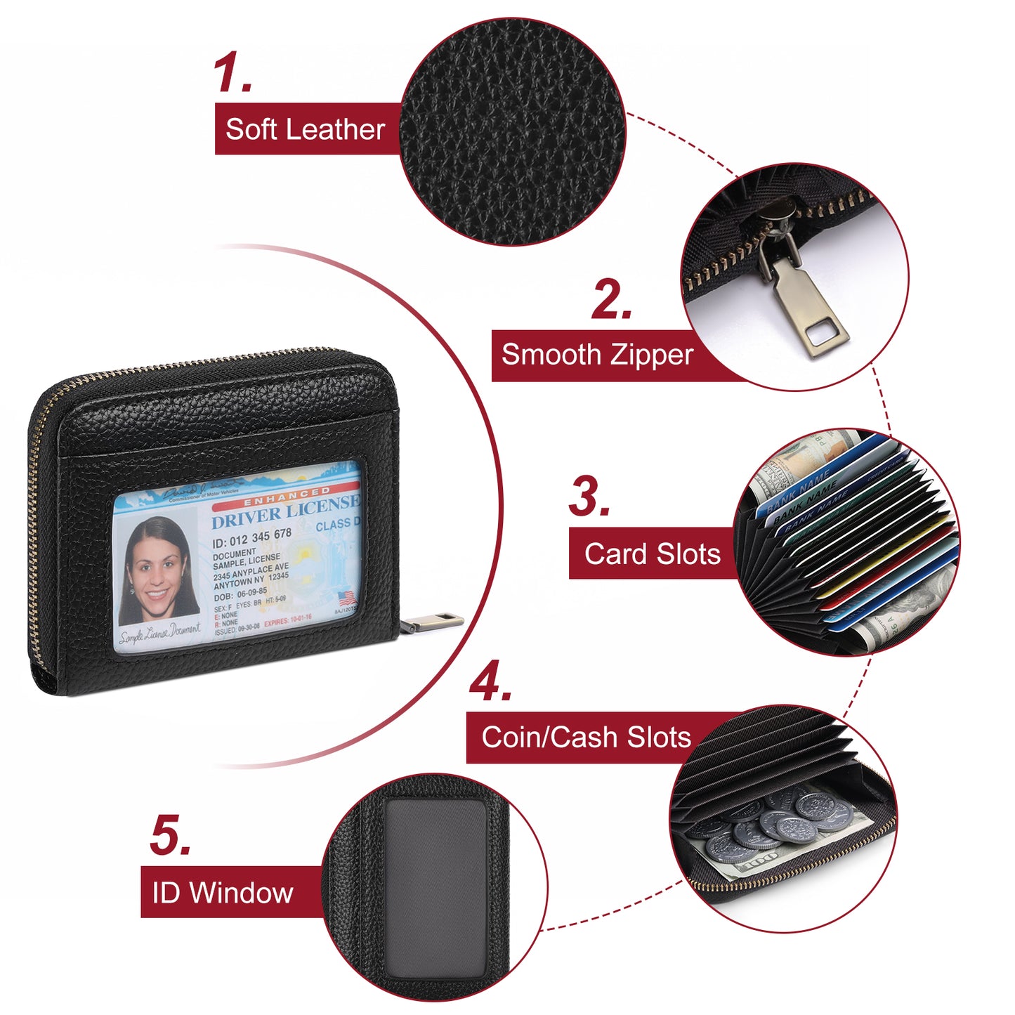 SENDEFN Leather Credit Card Holder Wallet for Women RFID Small Zipper Card Case with ID Window