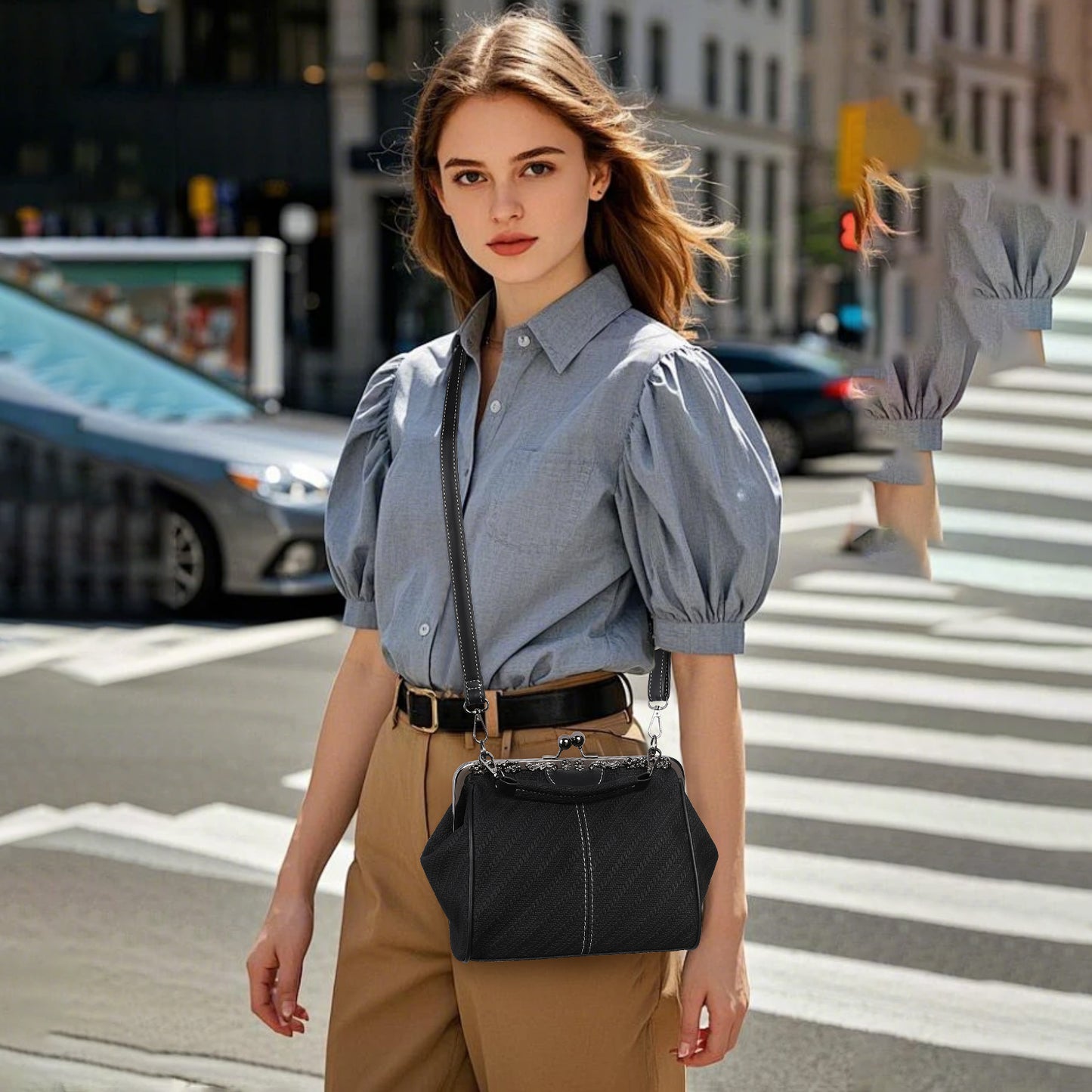 SENDEFN Handbag for Women Shoulder Bag Kiss Lock Medium Top Handle Satchel Purse Retro Crossbody Bag Evening Clutch Purses
