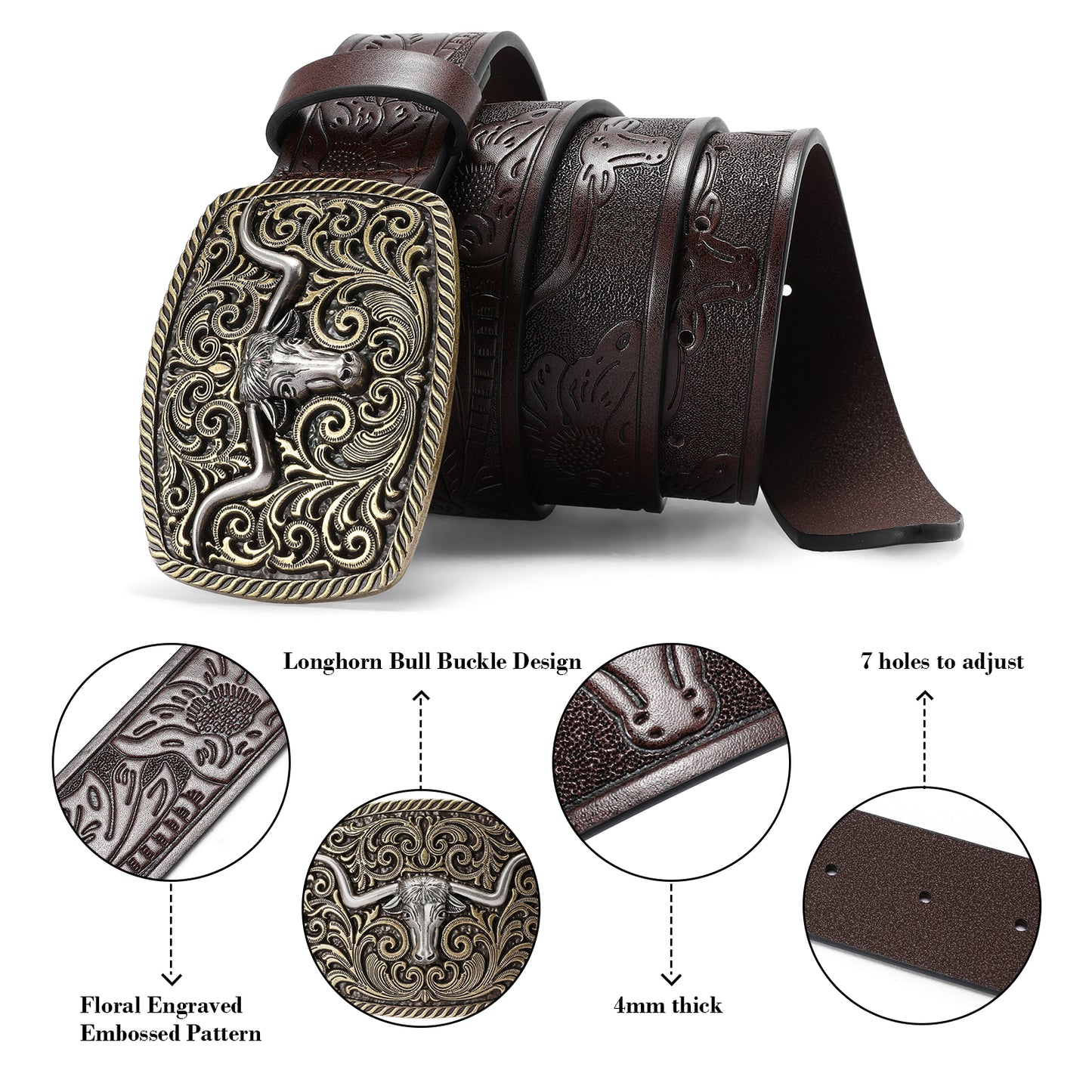 SENDEFN Western Cowboy Belt for Men Women Longhorn Bull Buckle Belts Floral Engraved Embossed Pattern 1.5" Wide for Jeans