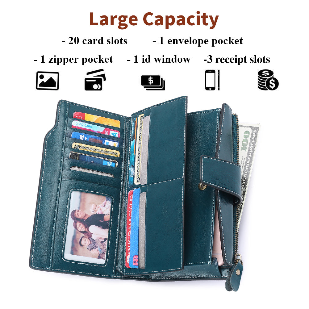 Sendefn Women Leather Wallets RFID Blocking Clutch Card Holder Ladies Purse with Zipper Pocket