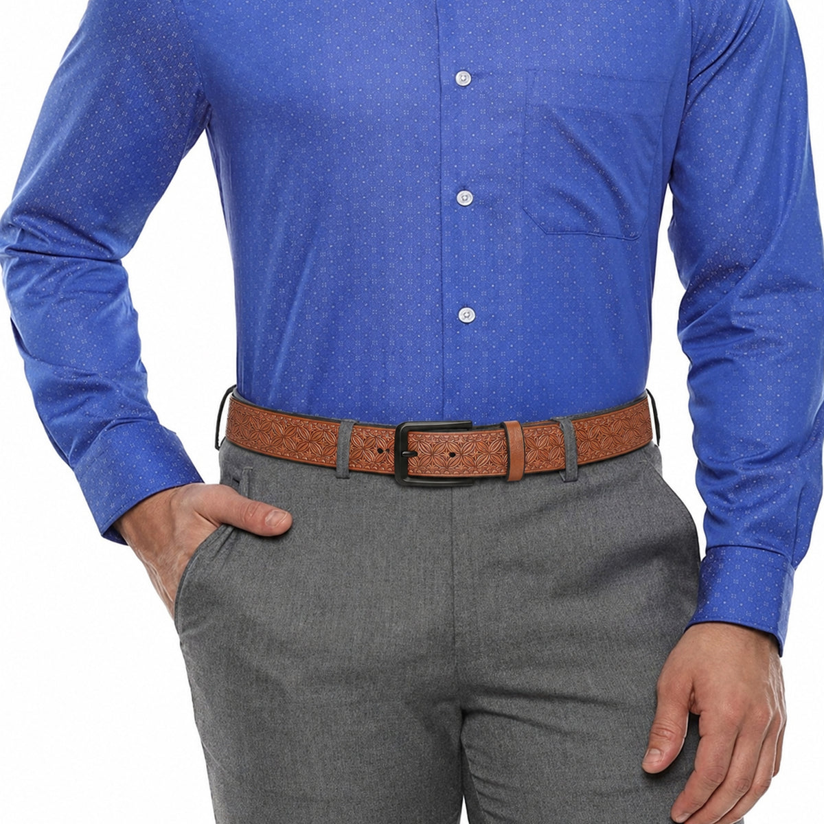 SENDEFN Men's Casual Leather Jeans Belts Vintage Leather Engraved Strap with Single Prong Buckle