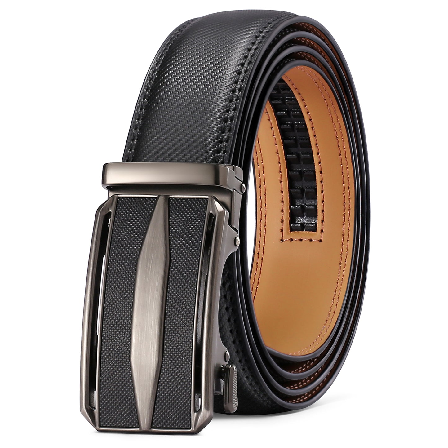 SENDEFN Leather Belt for Men Automatic Ratchet Buckle Slide Dress Casual Belts 1 3/8'' Wide, Adjustable Trim to Fit