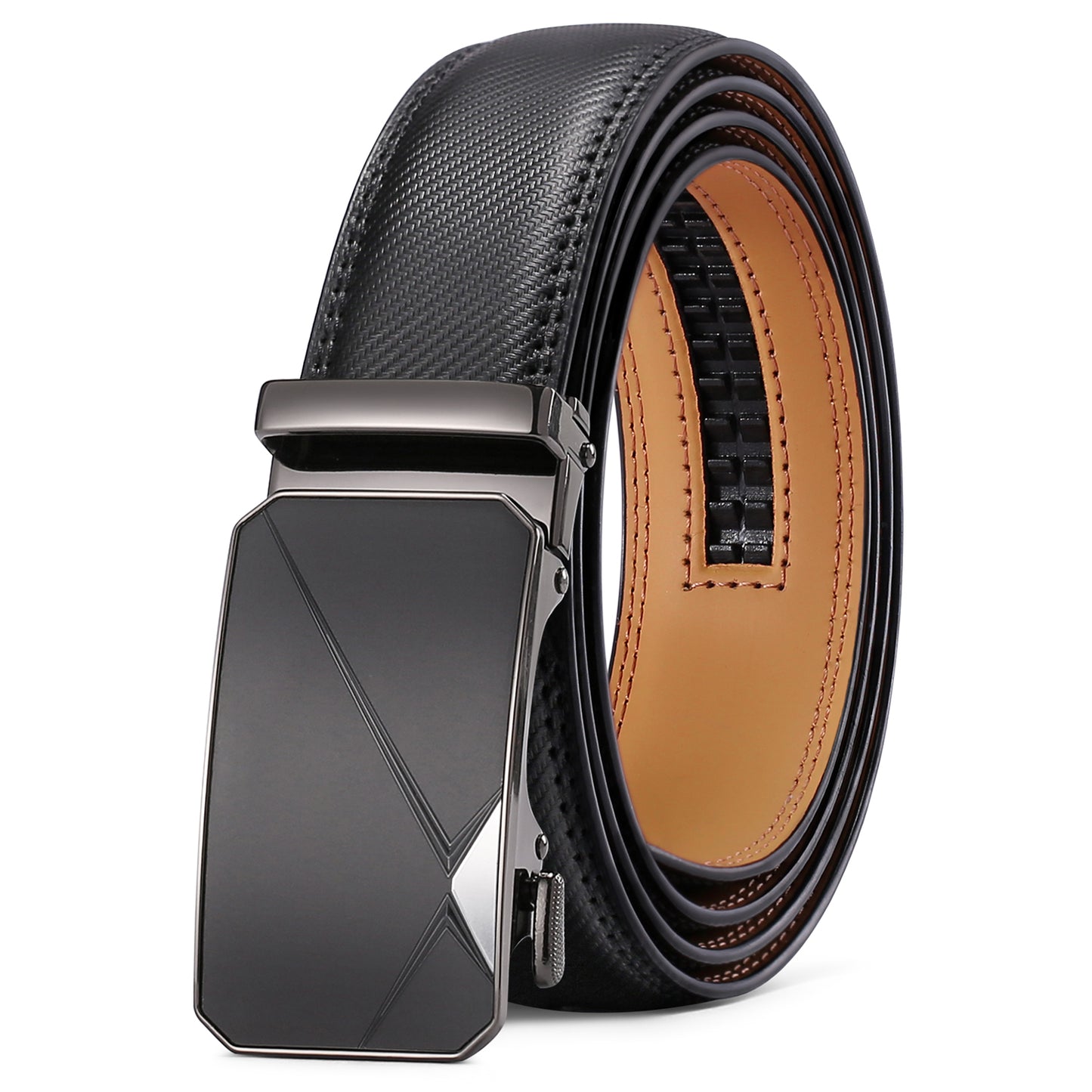 SENDEFN Leather Belt for Men Automatic Ratchet Buckle Slide Dress Casual Belts 1 3/8'' Wide, Adjustable Trim to Fit
