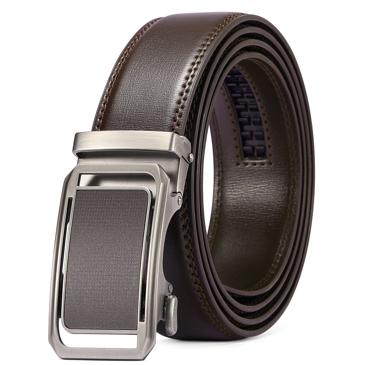 Sendefn Men's Leather Belt Automatic Ratchet Buckle Slide Belt for Dress Casual Trim to Fit with Gift Box