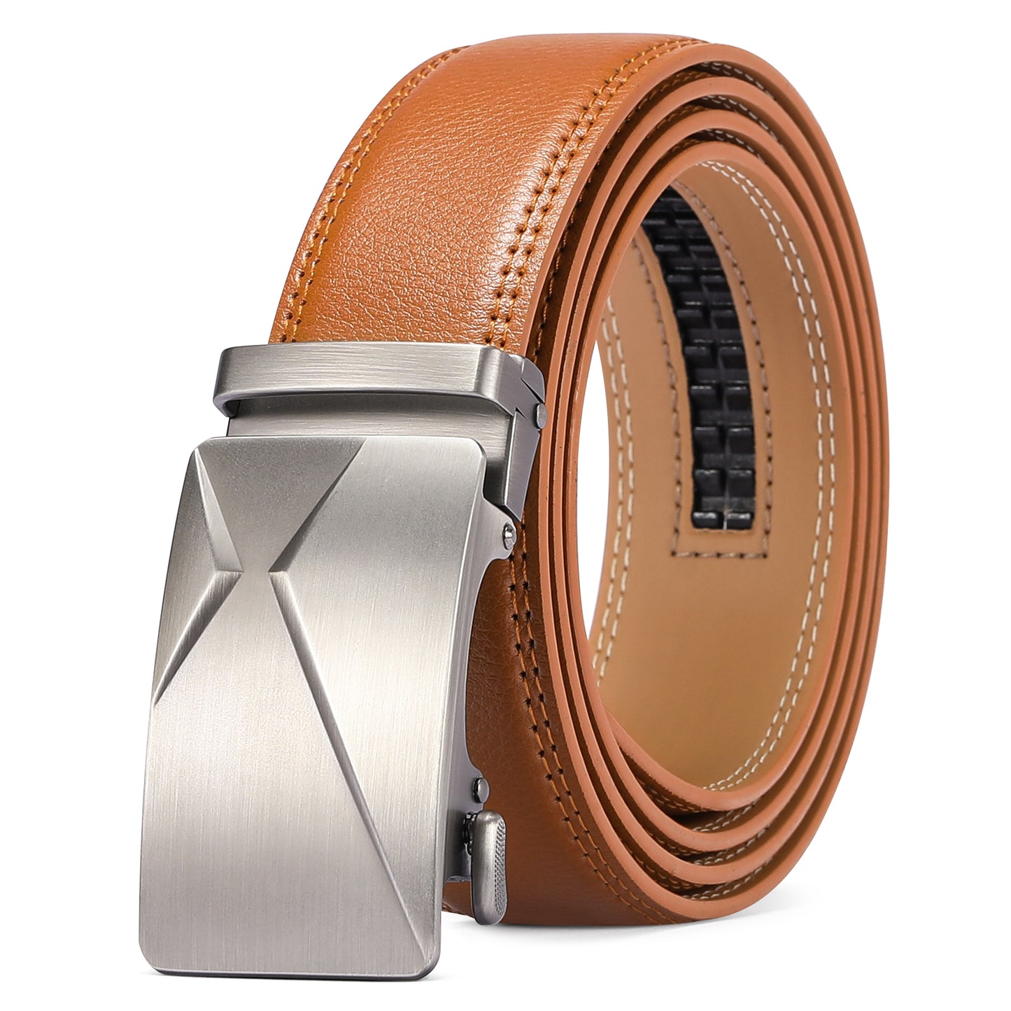 Sendefn Men's Leather Belt Automatic Ratchet Buckle Slide Belt for Dress Casual Trim to Fit with Gift Box