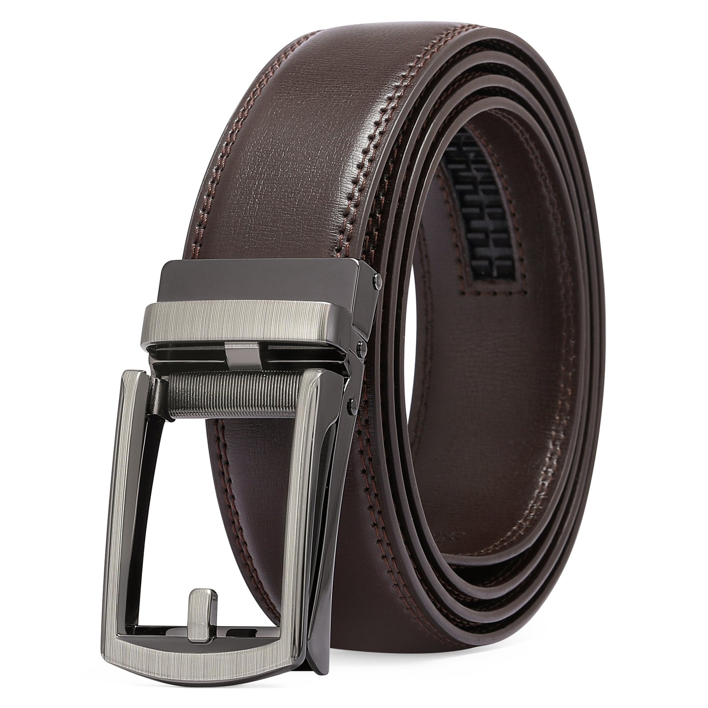 Sendefn Men's Leather Belt Automatic Ratchet Buckle Slide Belt for Dress Casual Trim to Fit with Gift Box