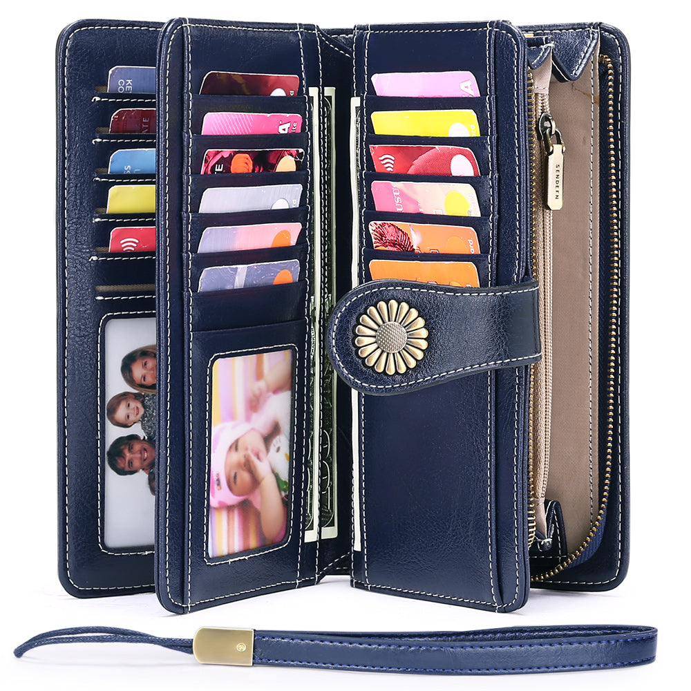 Sendefn Wallets for Women Genuine Leather Credit Card Holder with RFID Blocking Large Capacity Wristlet
