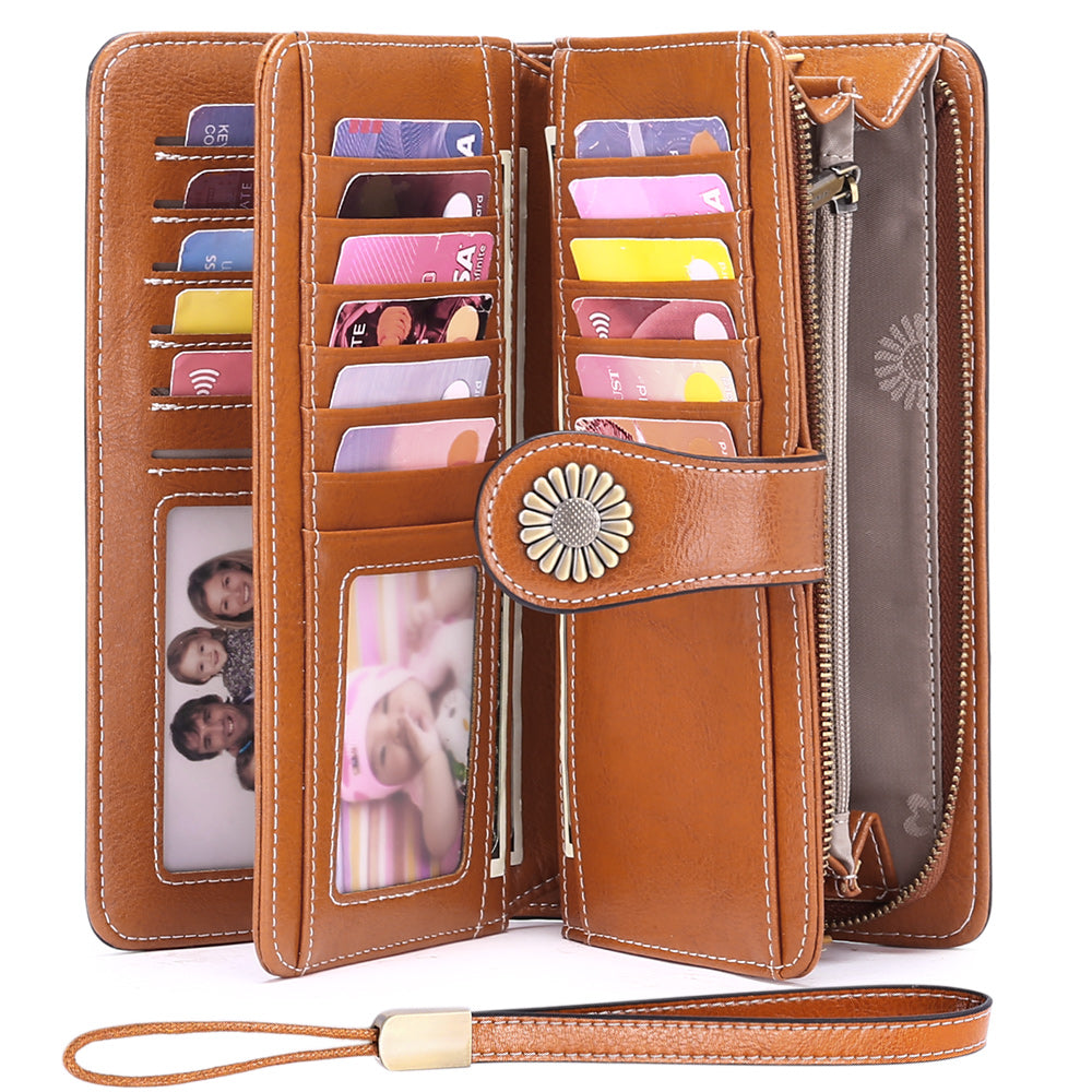 Sendefn Wallets for Women Genuine Leather Credit Card Holder with RFID Blocking Large Capacity Wristlet