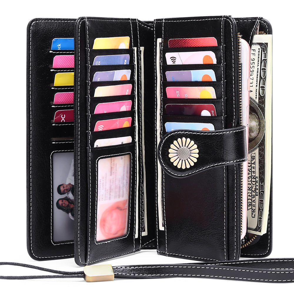 Sendefn Wallets for Women Genuine Leather Credit Card Holder with RFID Blocking Large Capacity Wristlet