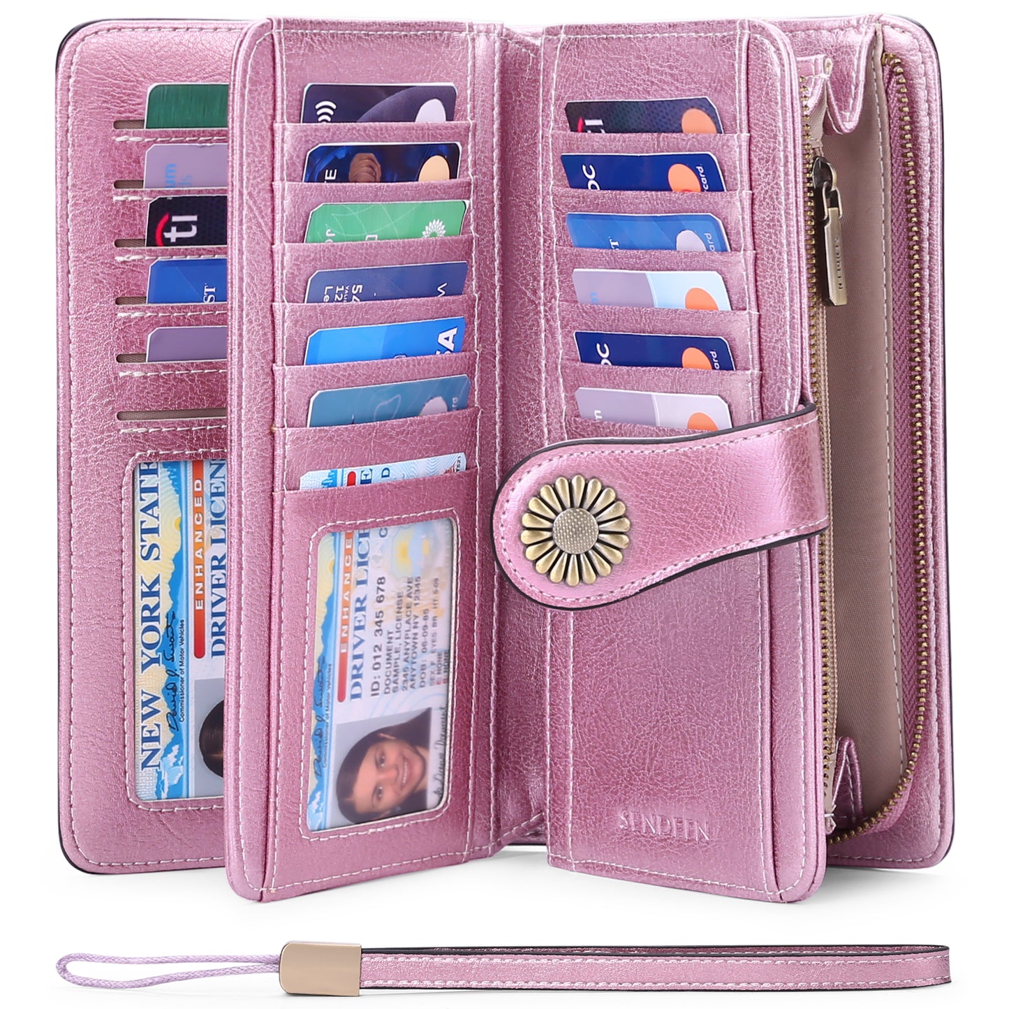 Sendefn Wallets for Women Genuine Leather Credit Card Holder with RFID Blocking Large Capacity Wristlet