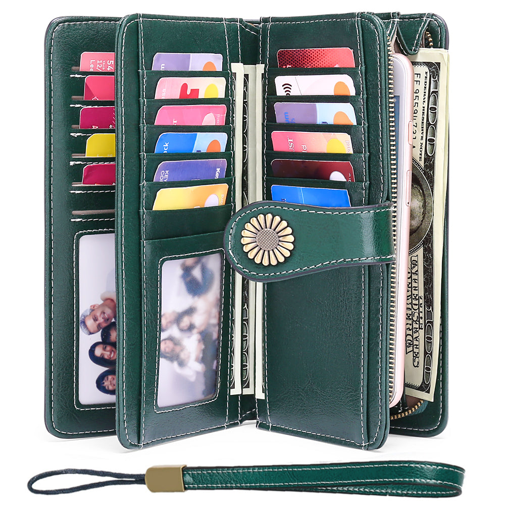 Sendefn Wallets for Women Genuine Leather Credit Card Holder with RFID Blocking Large Capacity Wristlet