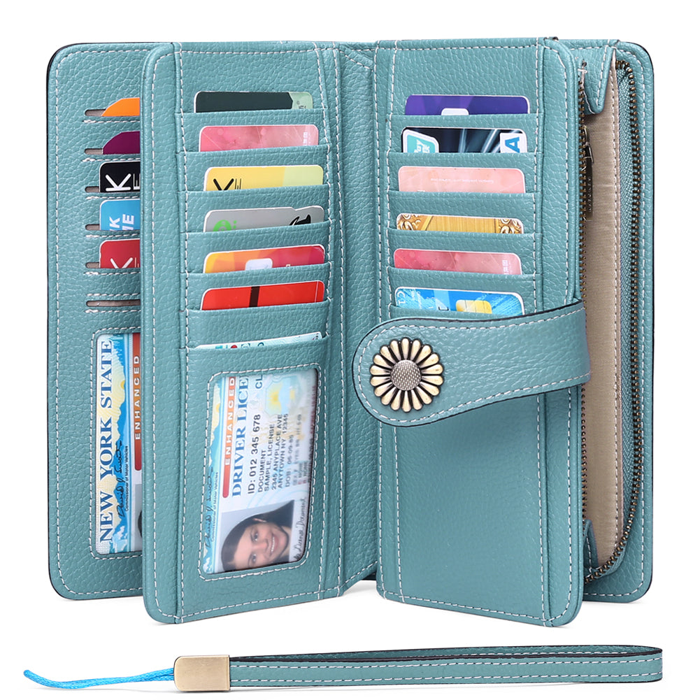 Sendefn Wallets for Women Genuine Leather Credit Card Holder with RFID Blocking Large Capacity Wristlet