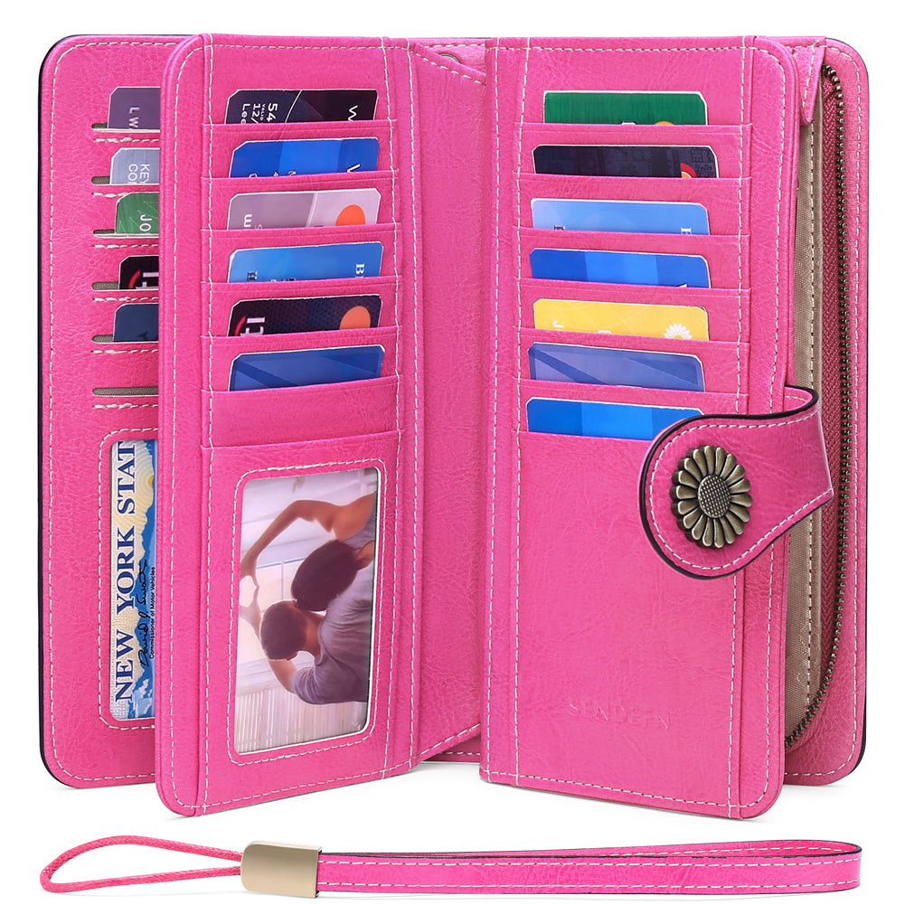 Sendefn Wallets for Women Genuine Leather Credit Card Holder with RFID Blocking Large Capacity Wristlet