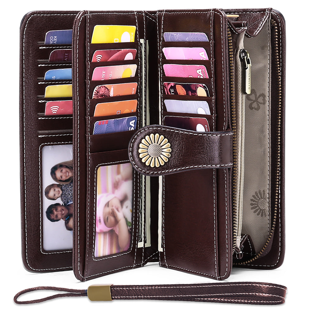 Sendefn Wallets for Women Genuine Leather Credit Card Holder with RFID Blocking Large Capacity Wristlet