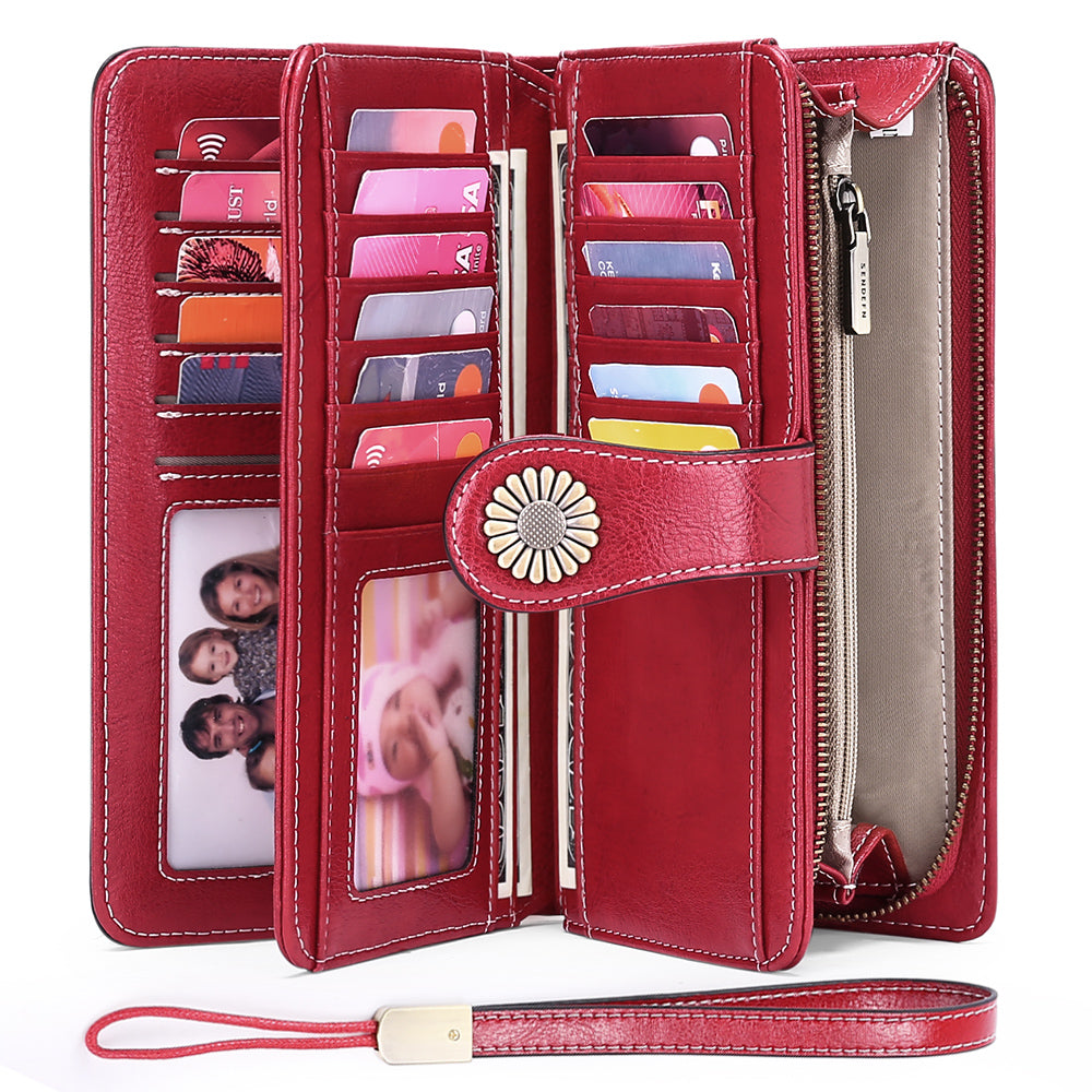 Sendefn Wallets for Women Genuine Leather Credit Card Holder with RFID Blocking Large Capacity Wristlet