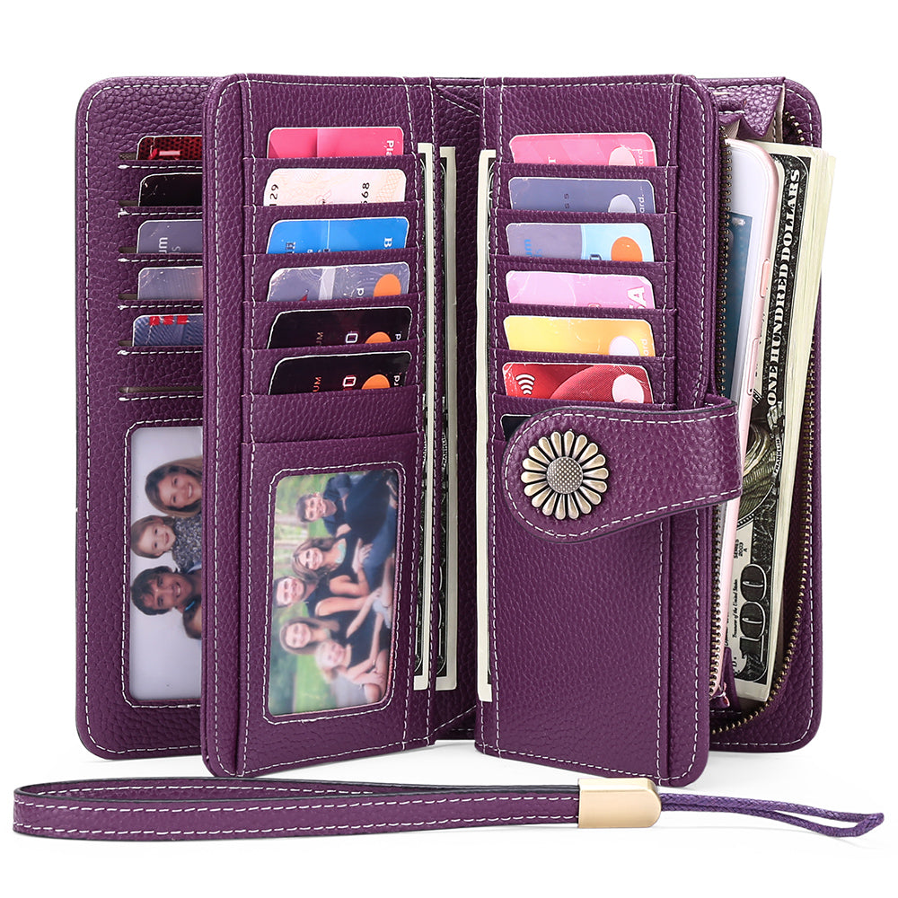 Sendefn Wallets for Women Genuine Leather Credit Card Holder with RFID Blocking Large Capacity Wristlet