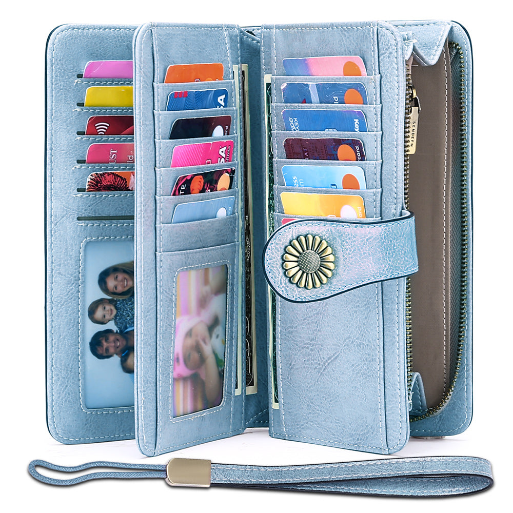 Sendefn Wallets for Women Genuine Leather Credit Card Holder with RFID Blocking Large Capacity Wristlet