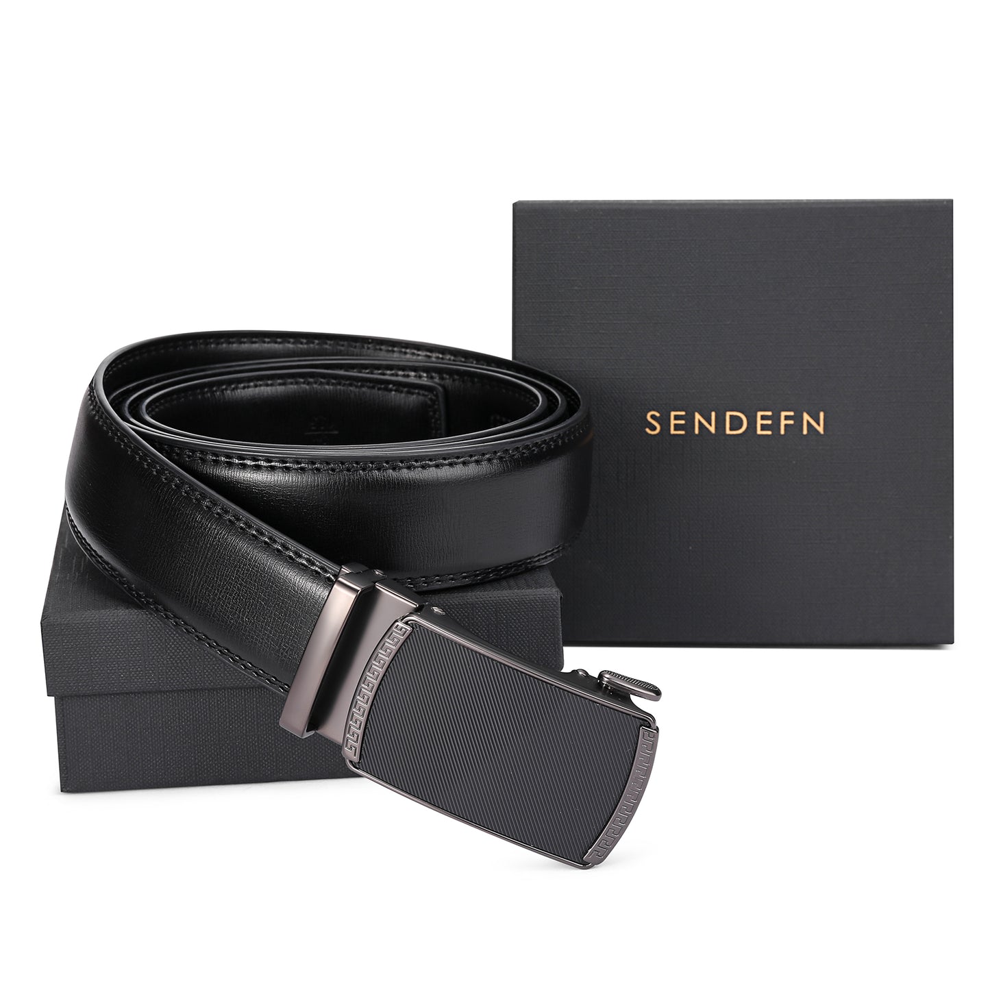 Sendefn Men's Leather Belt Automatic Ratchet Buckle Slide Belt for Dress Casual Trim to Fit with Gift Box