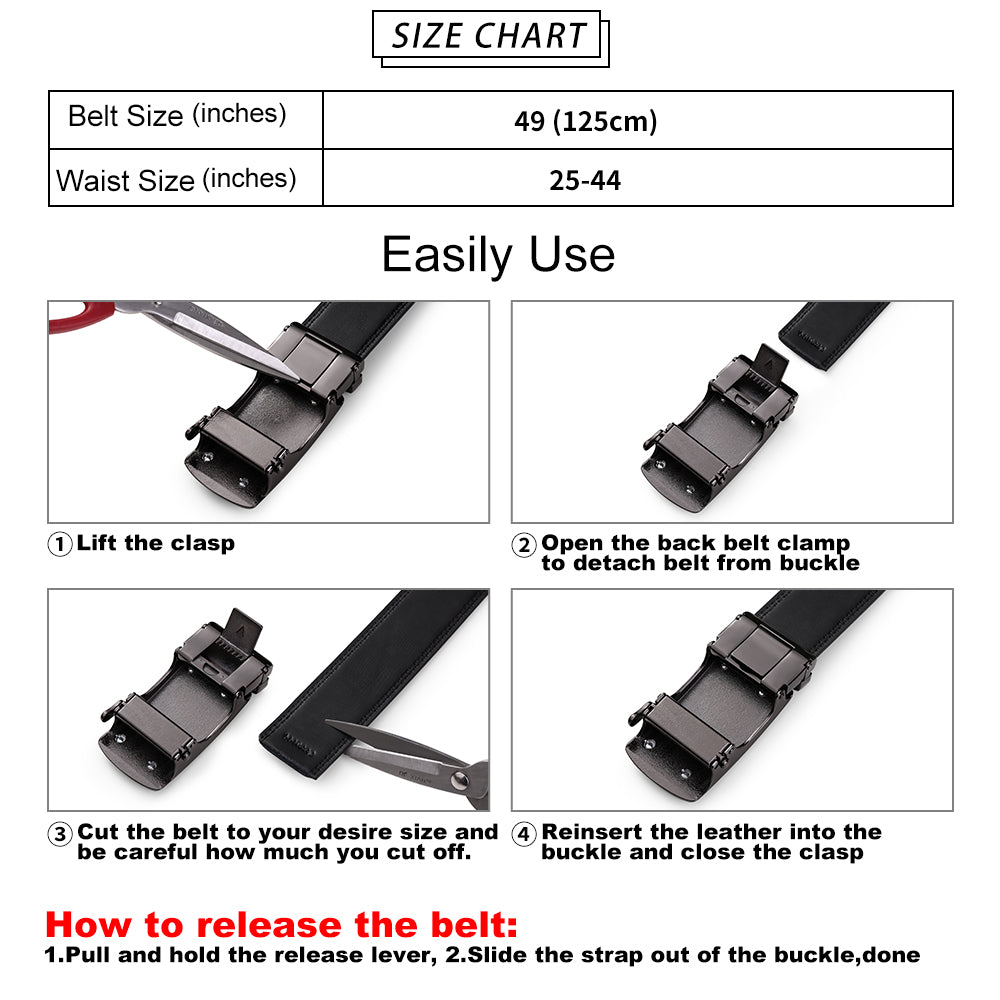 Sendefn Men's Leather Belt Automatic Ratchet Buckle Slide Belt for Dress Casual Trim to Fit with Gift Box