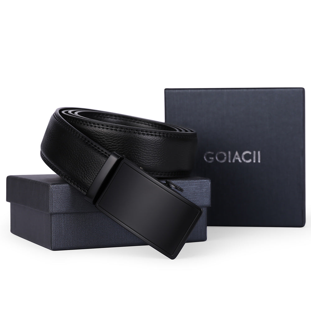 Sendefn Men's Leather Belt Automatic Ratchet Buckle Slide Belt for Dress Casual Trim to Fit with Gift Box