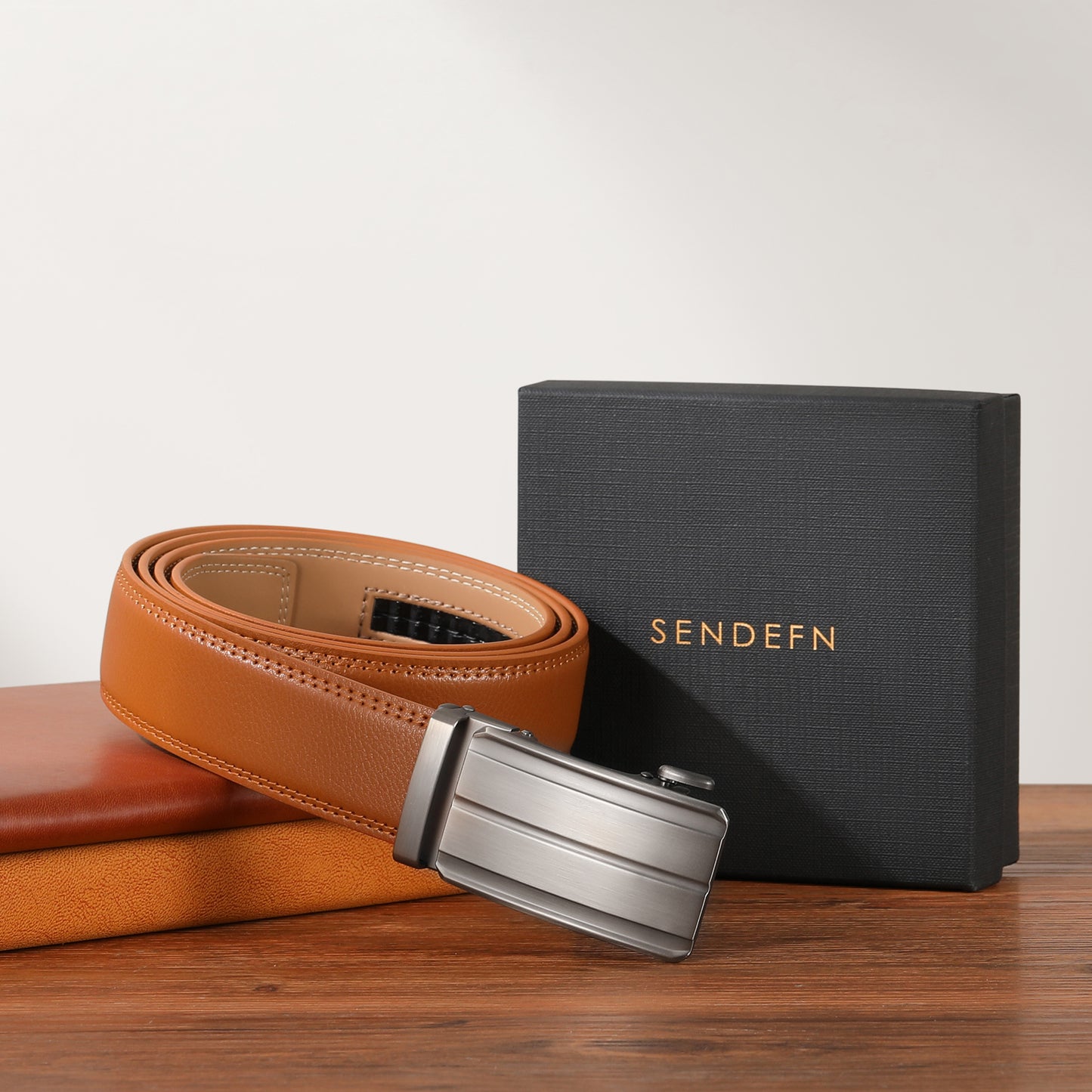 Sendefn Men's Leather Belt Automatic Ratchet Buckle Slide Belt for Dress Casual Trim to Fit with Gift Box