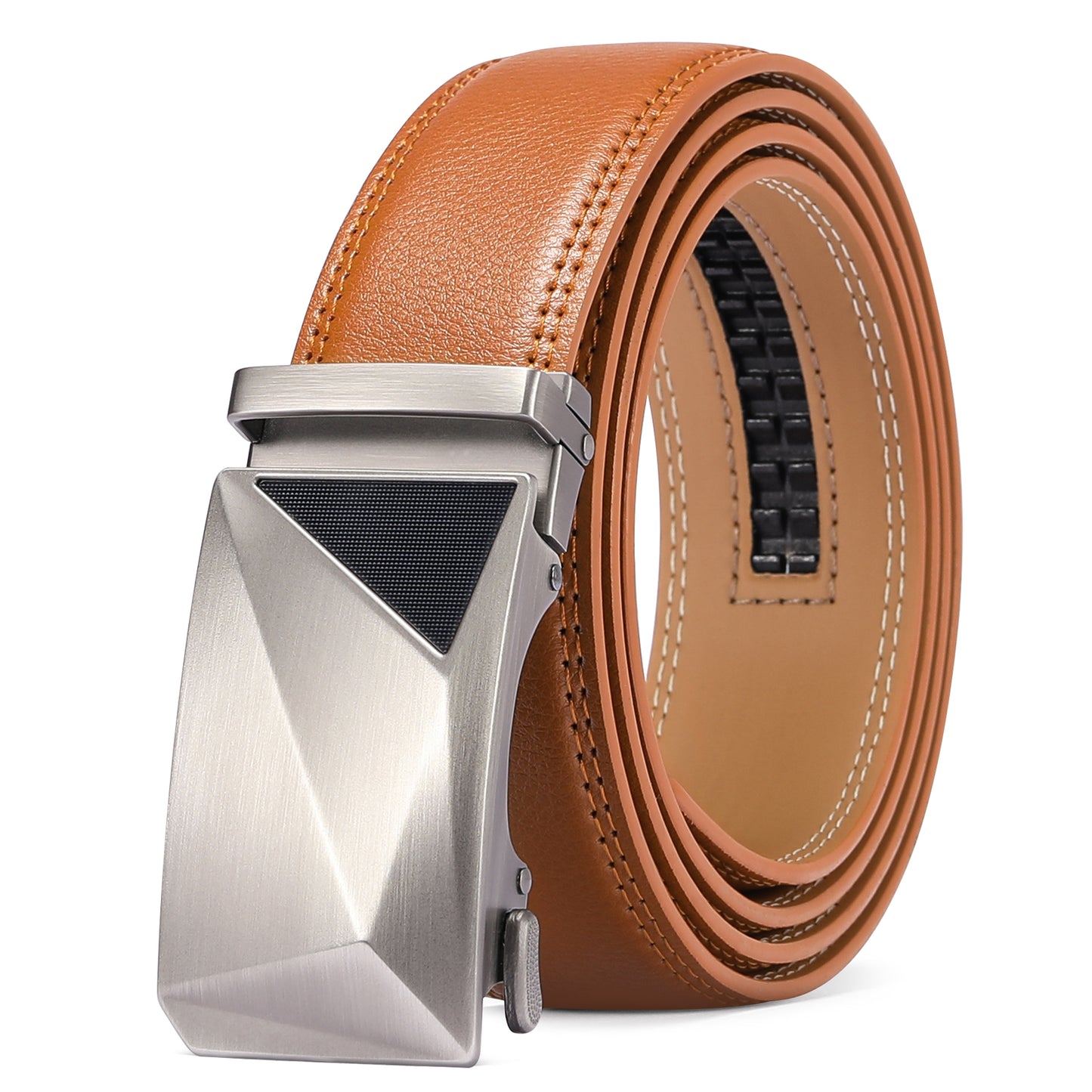 Sendefn Men's Leather Belt Automatic Ratchet Buckle Slide Belt for Dress Casual Trim to Fit with Gift Box