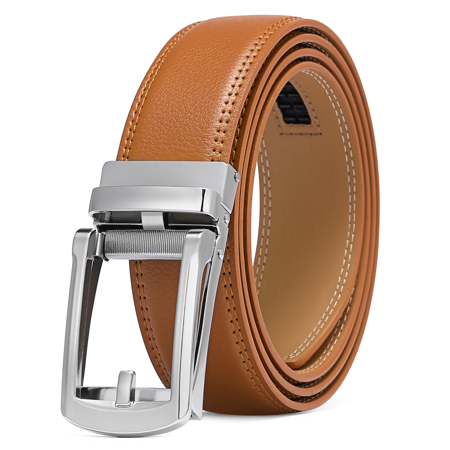 Sendefn Men's Leather Belt Automatic Ratchet Buckle Slide Belt for Dress Casual Trim to Fit with Gift Box