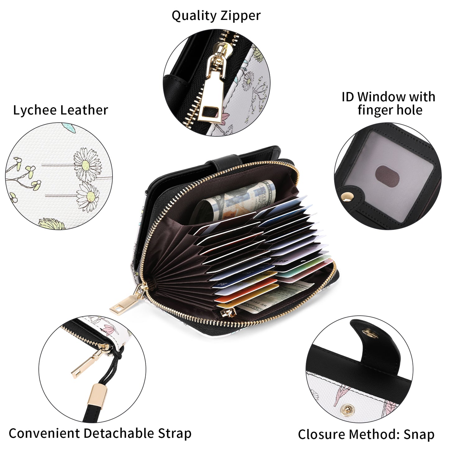 SENDEFN Women Floral Flower Wallet Small Bifold Zipper Coin Pocket Purse RFID Credit Card Holder Purse with ID Windows